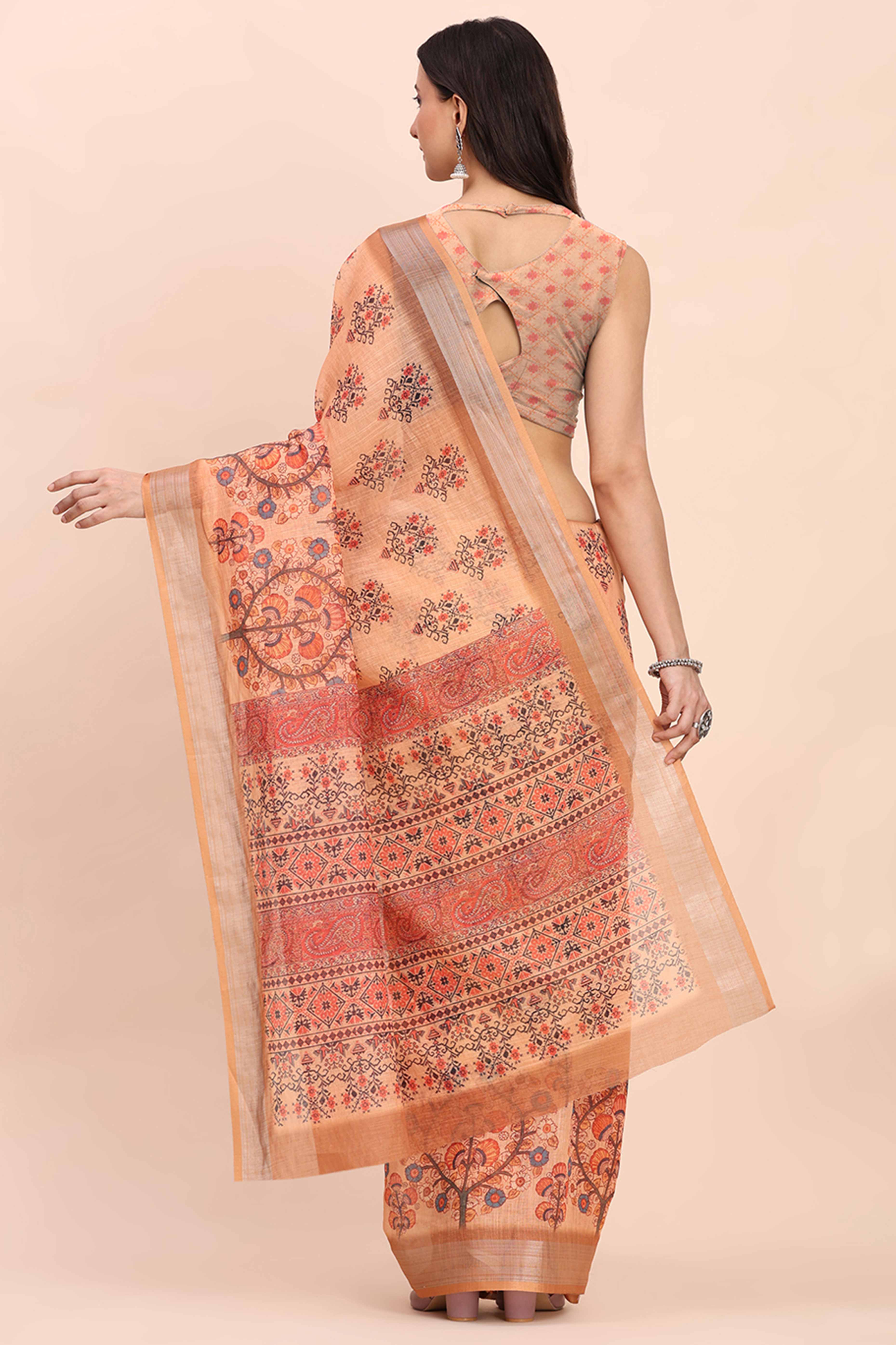 Orange Linen Cotton Saree Featuring Floral Prints & Woven Border