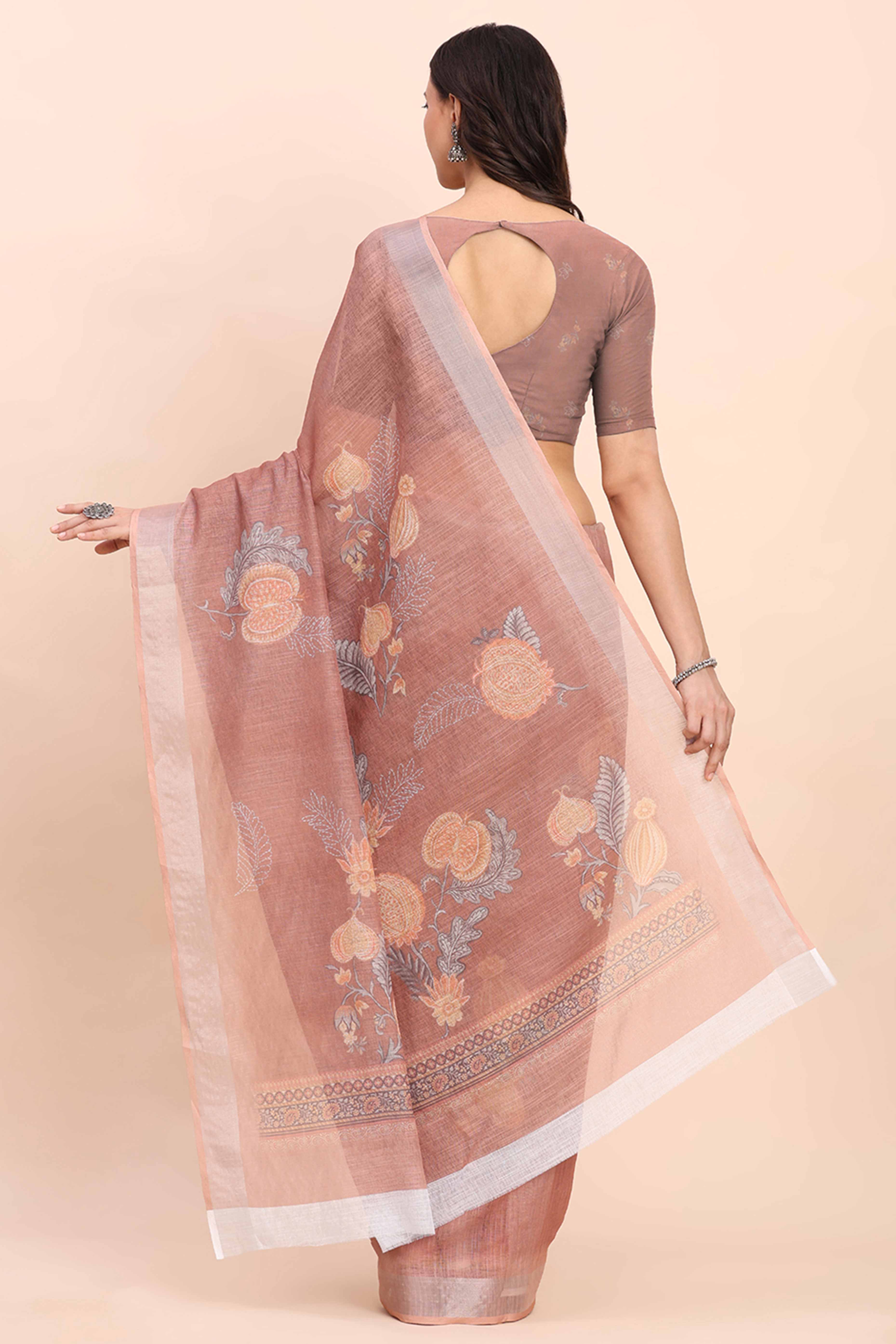 Brown Linen Cotton Saree Featuring Floral Prints & Woven Border