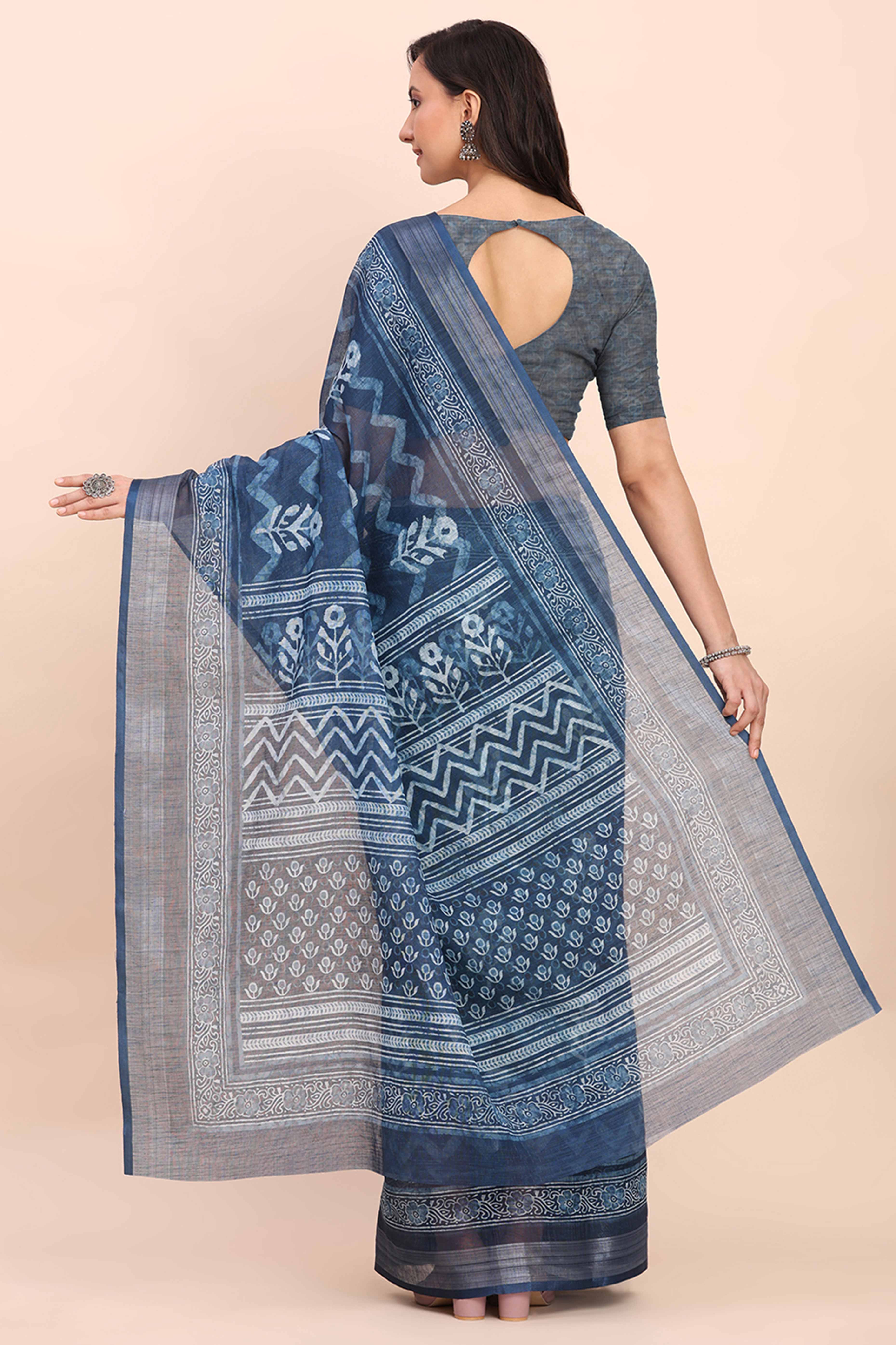 Indigo Blue Linen Cotton Saree Featuring Floral Prints & Woven Border