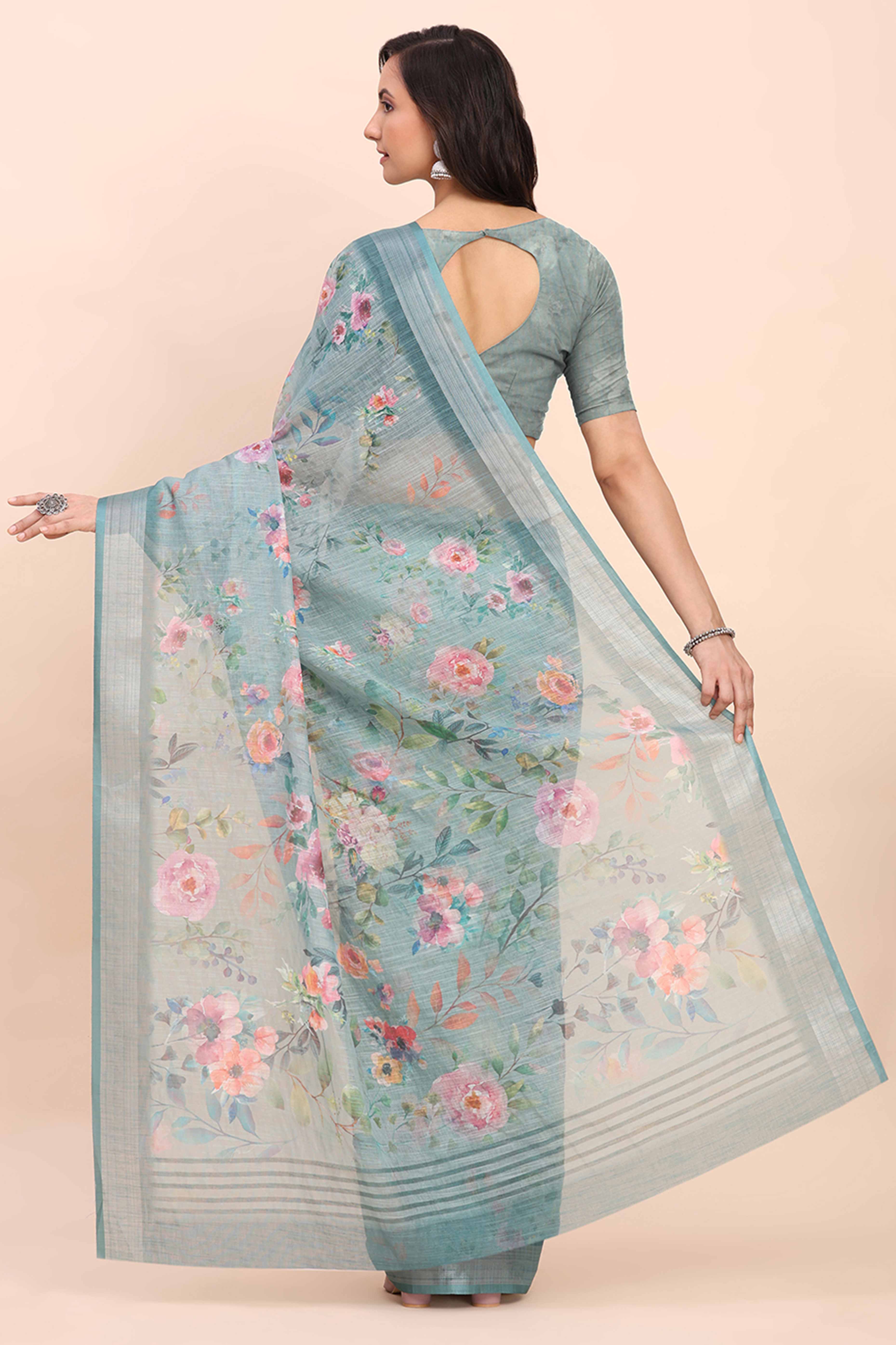 Sea Green Linen Saree with Intricate Silver Weaving