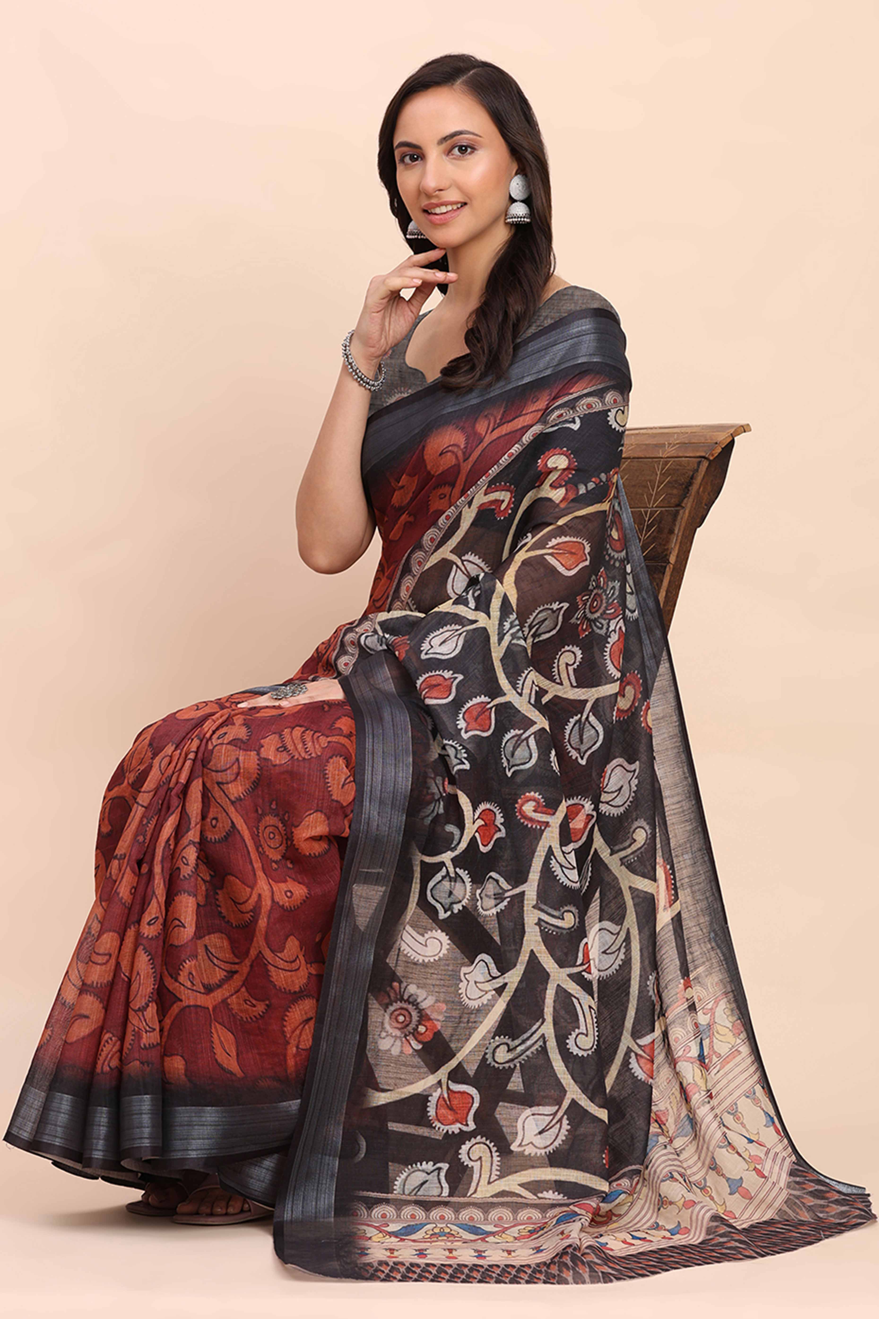 Maroon Linen Saree with Intricate Silver Weaving