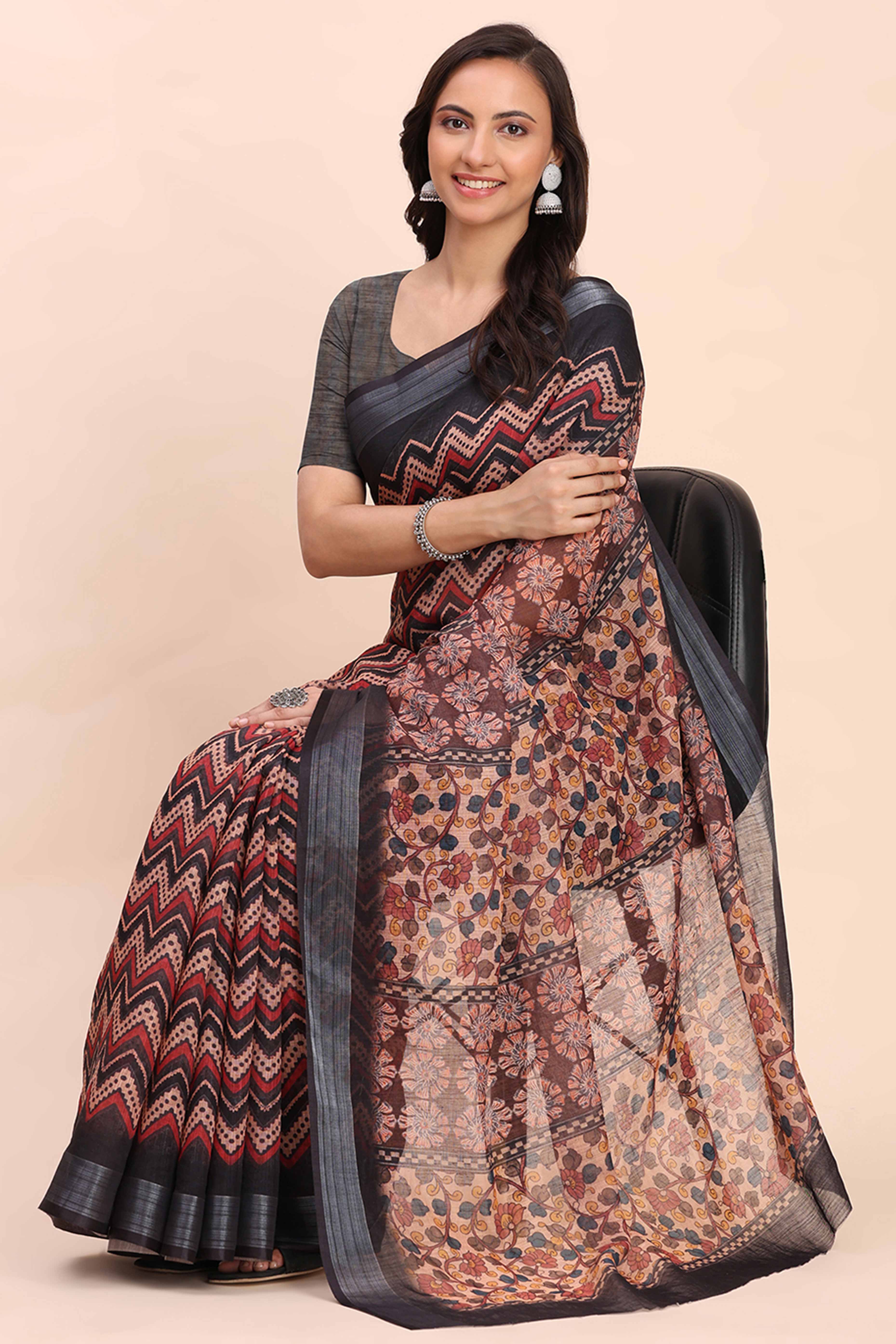 Beige Linen Saree with Intricate Silver Weaving