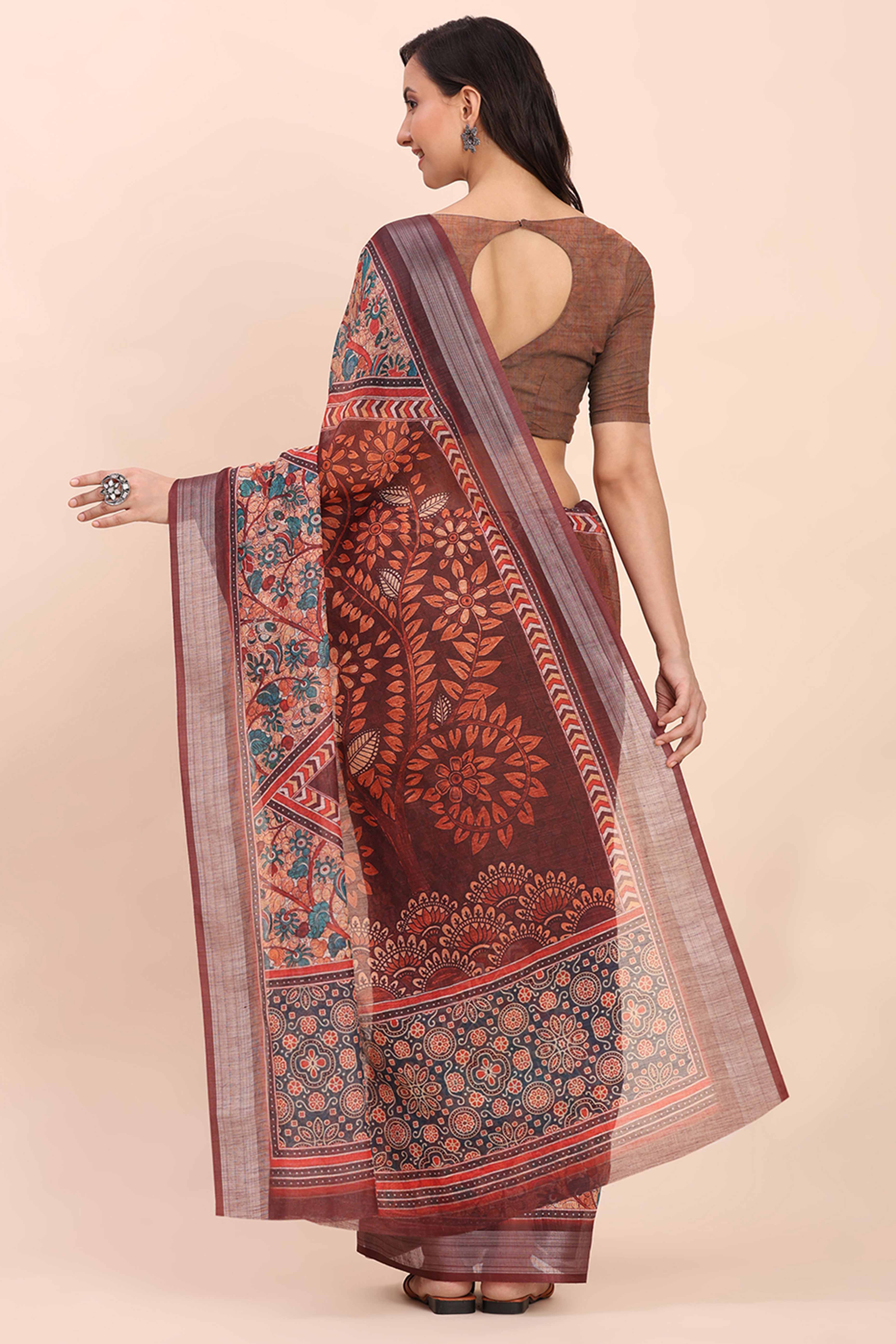 Brown Linen Saree with Intricate Silver Weaving