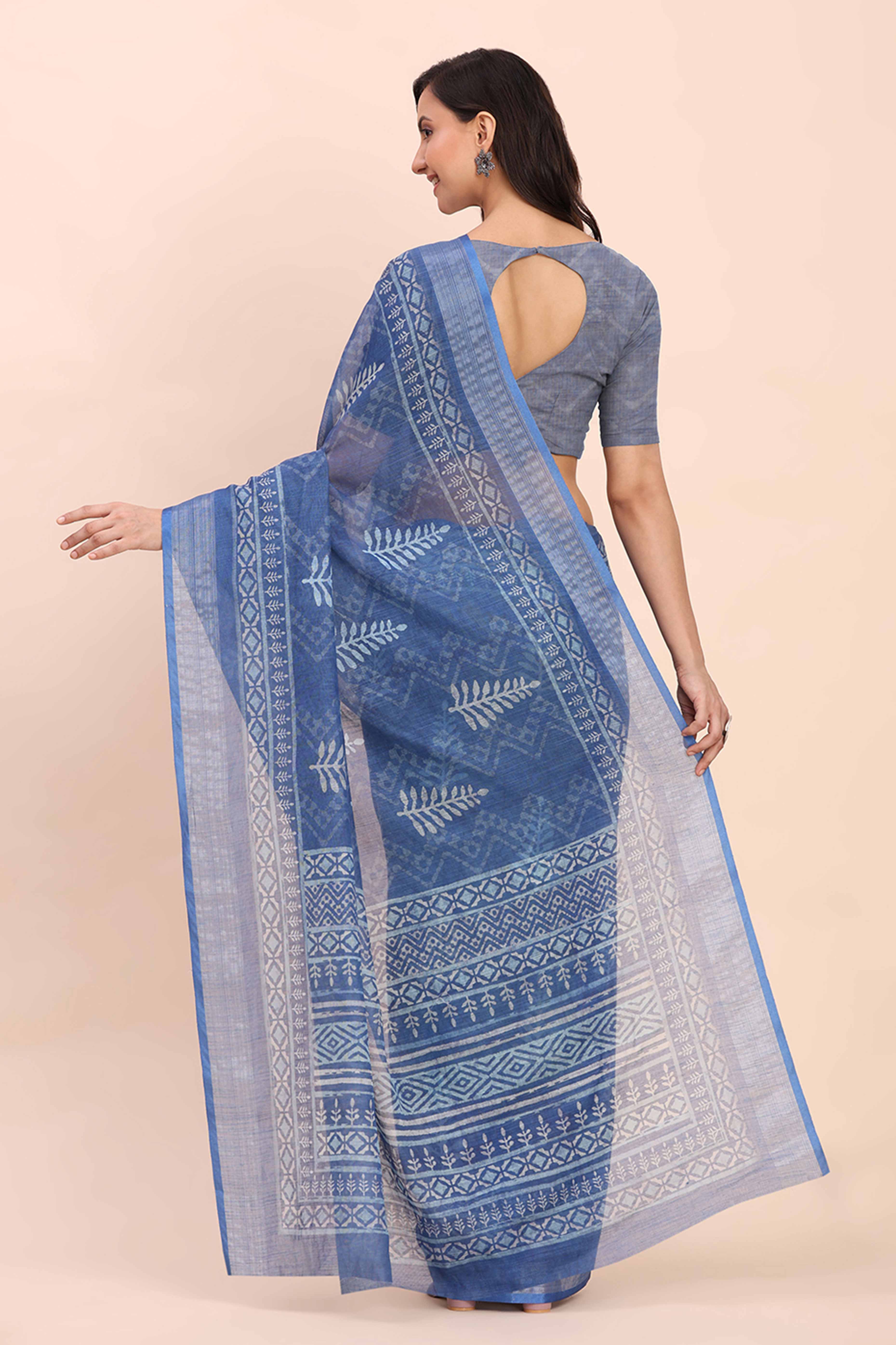 Indigo Blue Linen Saree with Intricate Silver Weaving