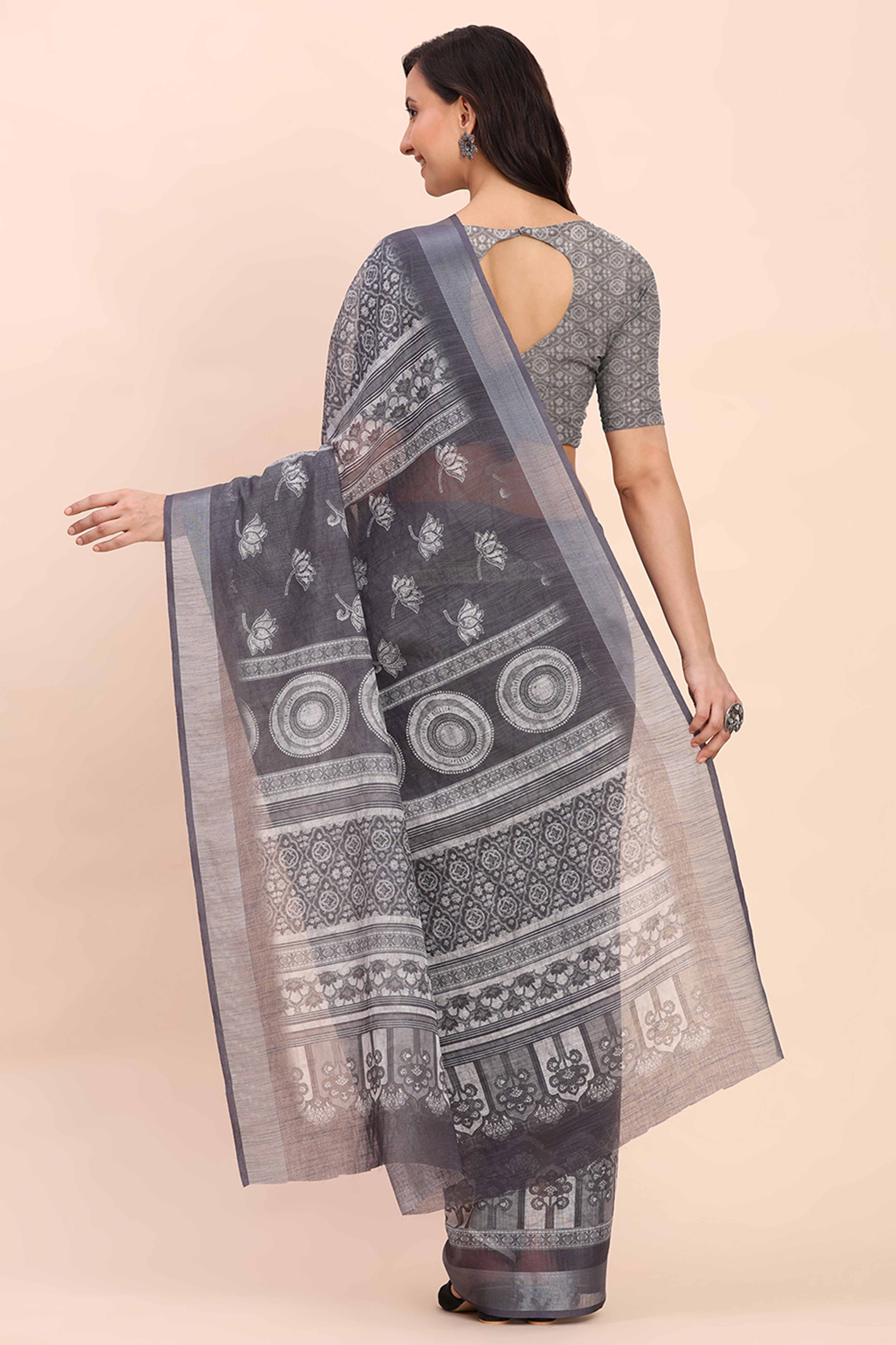 Grey Linen Saree with Intricate Silver Weaving