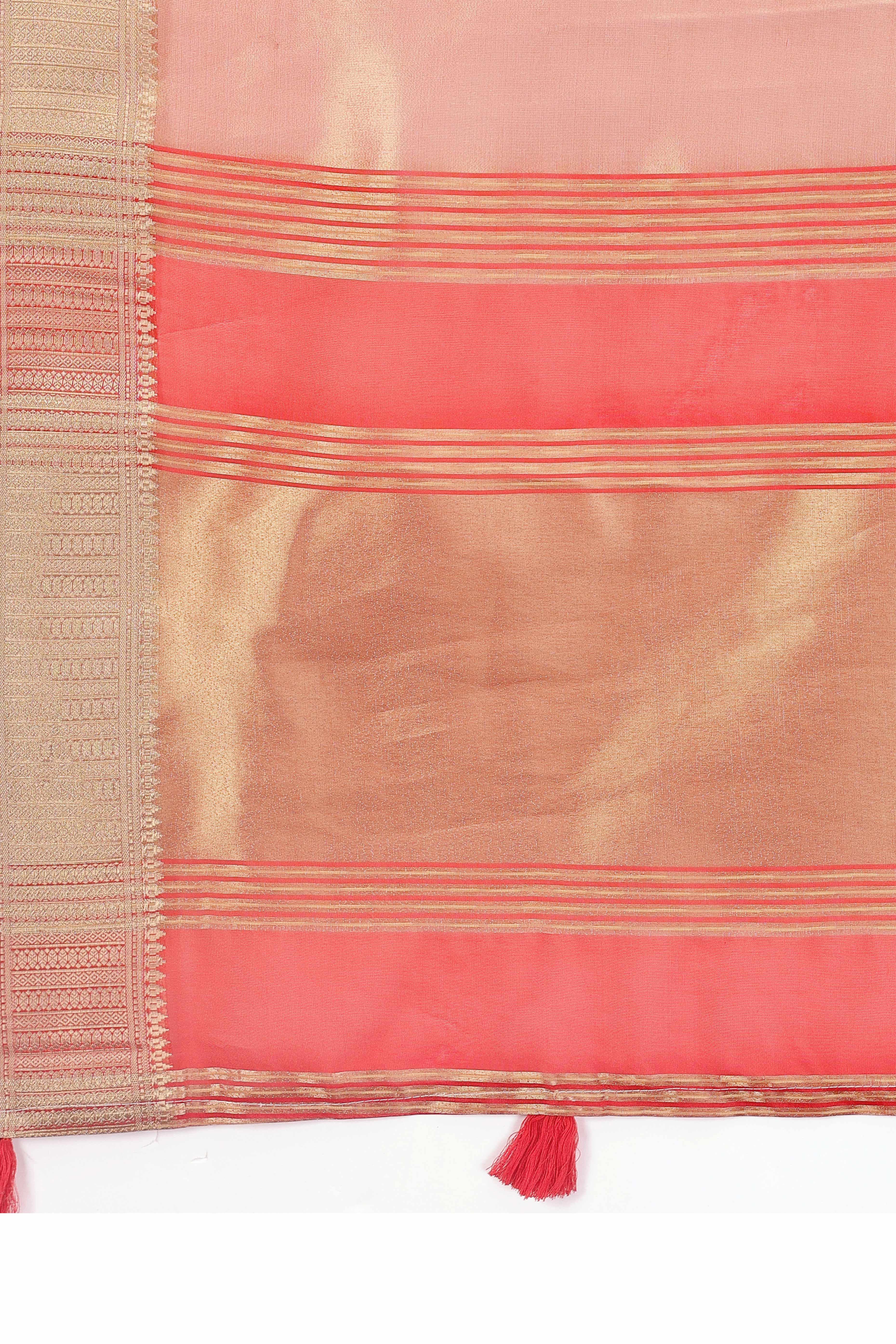 Light Orange Organza Solid Saree With Lustrous Zari Weave &  Delicate Tassels