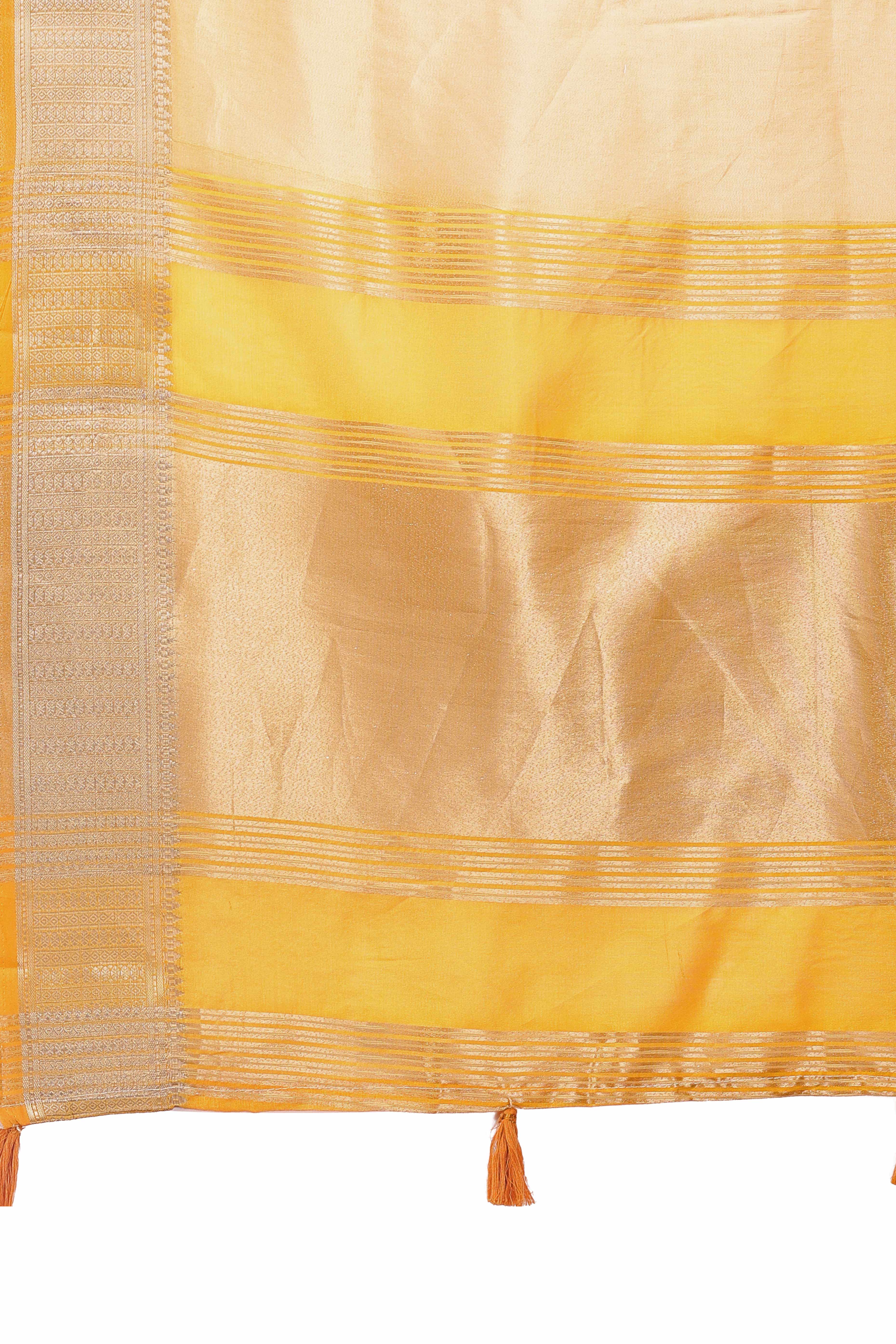 Yellow Organza Solid Saree With Lustrous Zari Weave &  Delicate Tassels