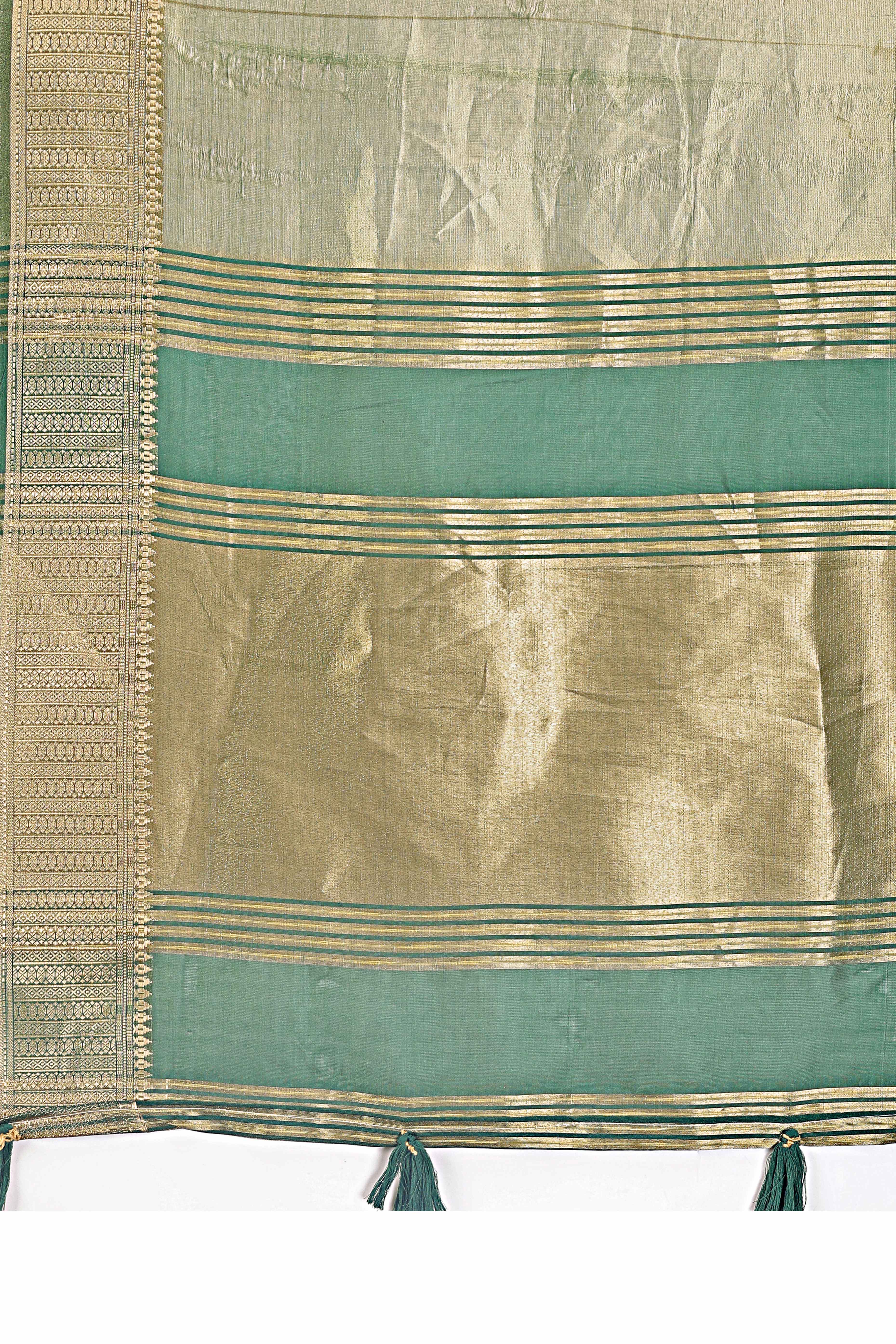Green Organza Solid Saree With Lustrous Zari Weave &  Delicate Tassels