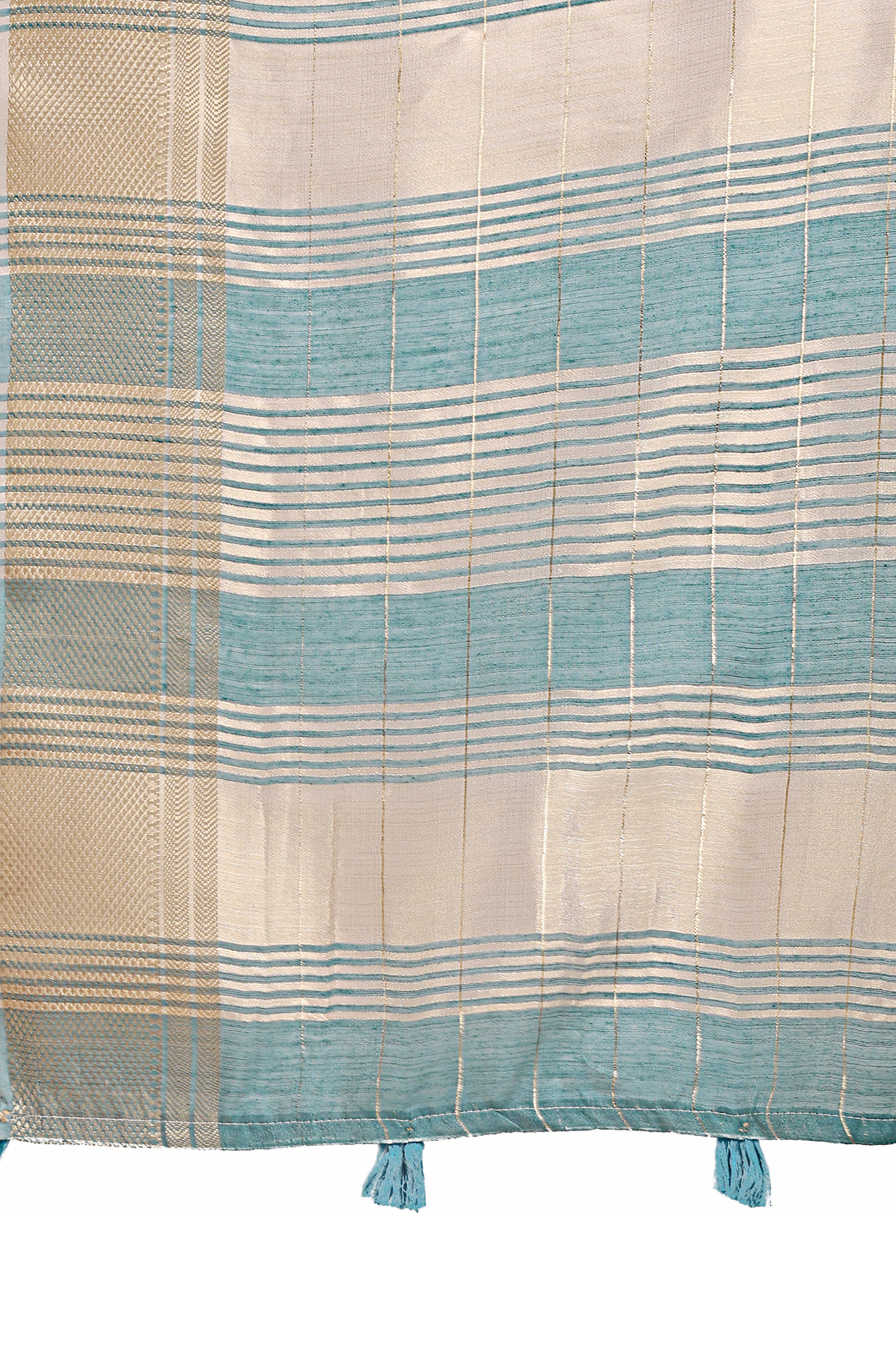 Sea Green Organza Saree with Checkered Zari Weaving Pattern and Tassels