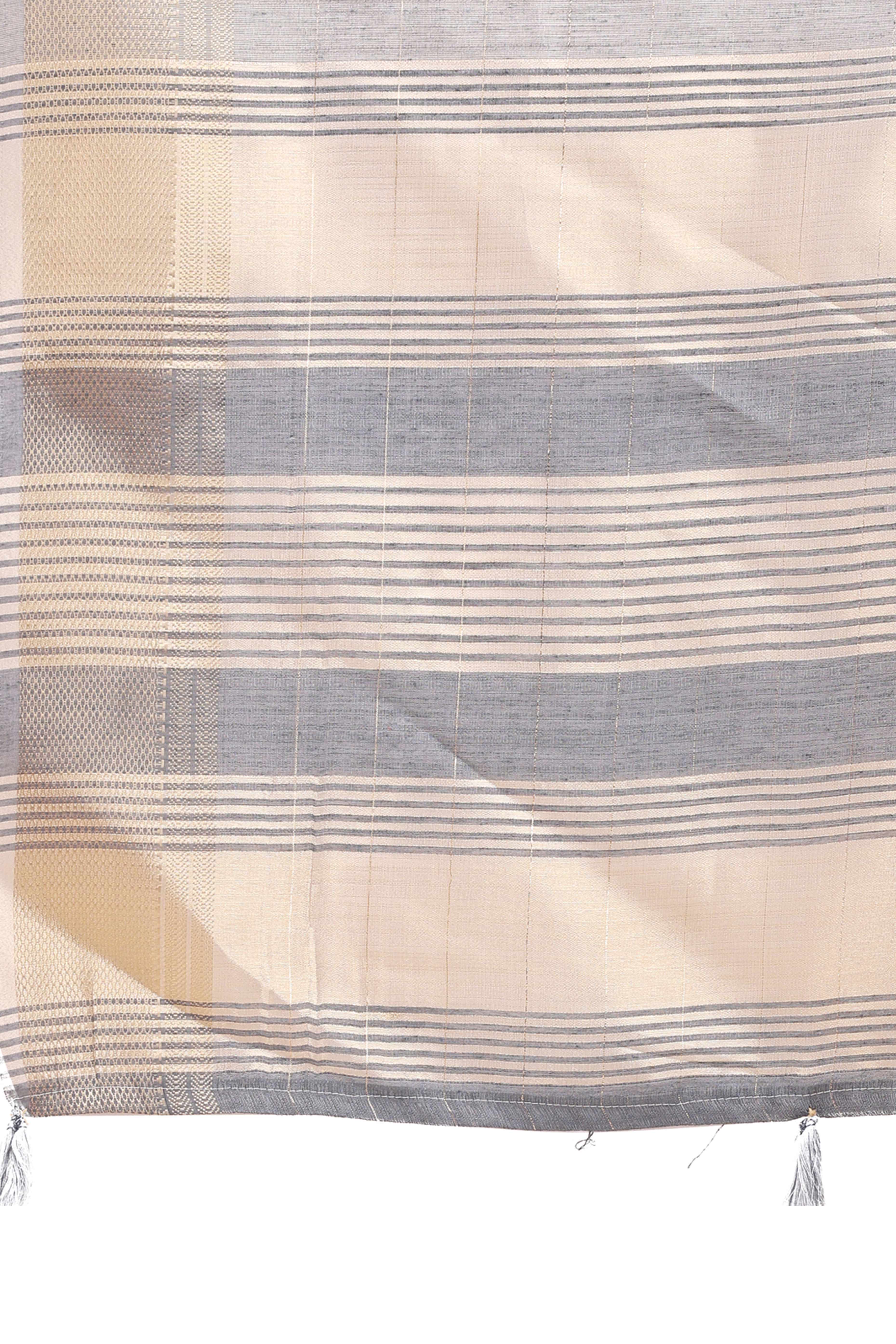 Grey Organza Saree with Checkered Zari Weaving Design and Tassels