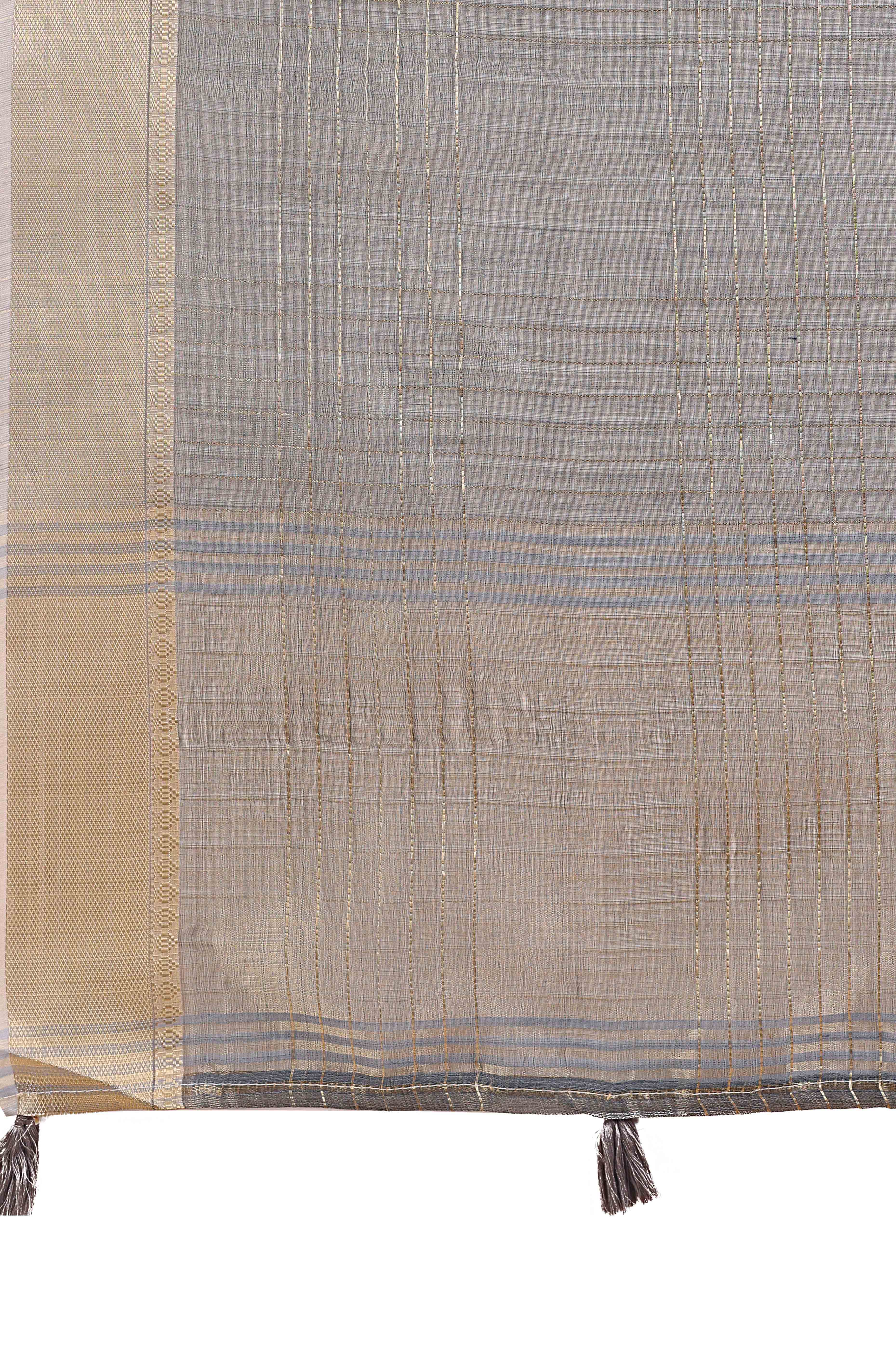 Grey Organza Saree With Zari Weaving Check Patterns & Elegant Tassel Accents