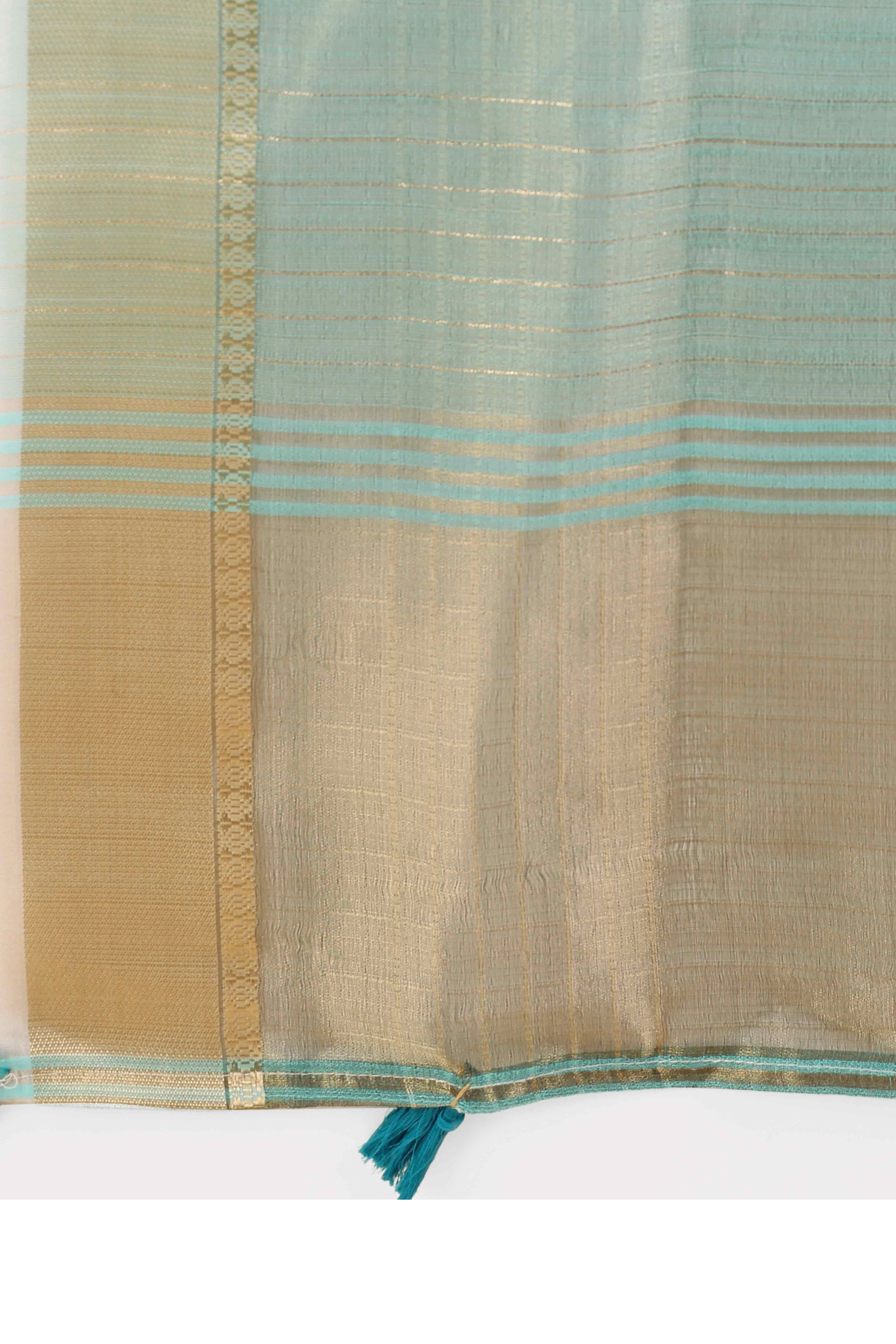 Blue Organza Saree With Zari Weaving Check Patterns & Elegant Tassel Accents