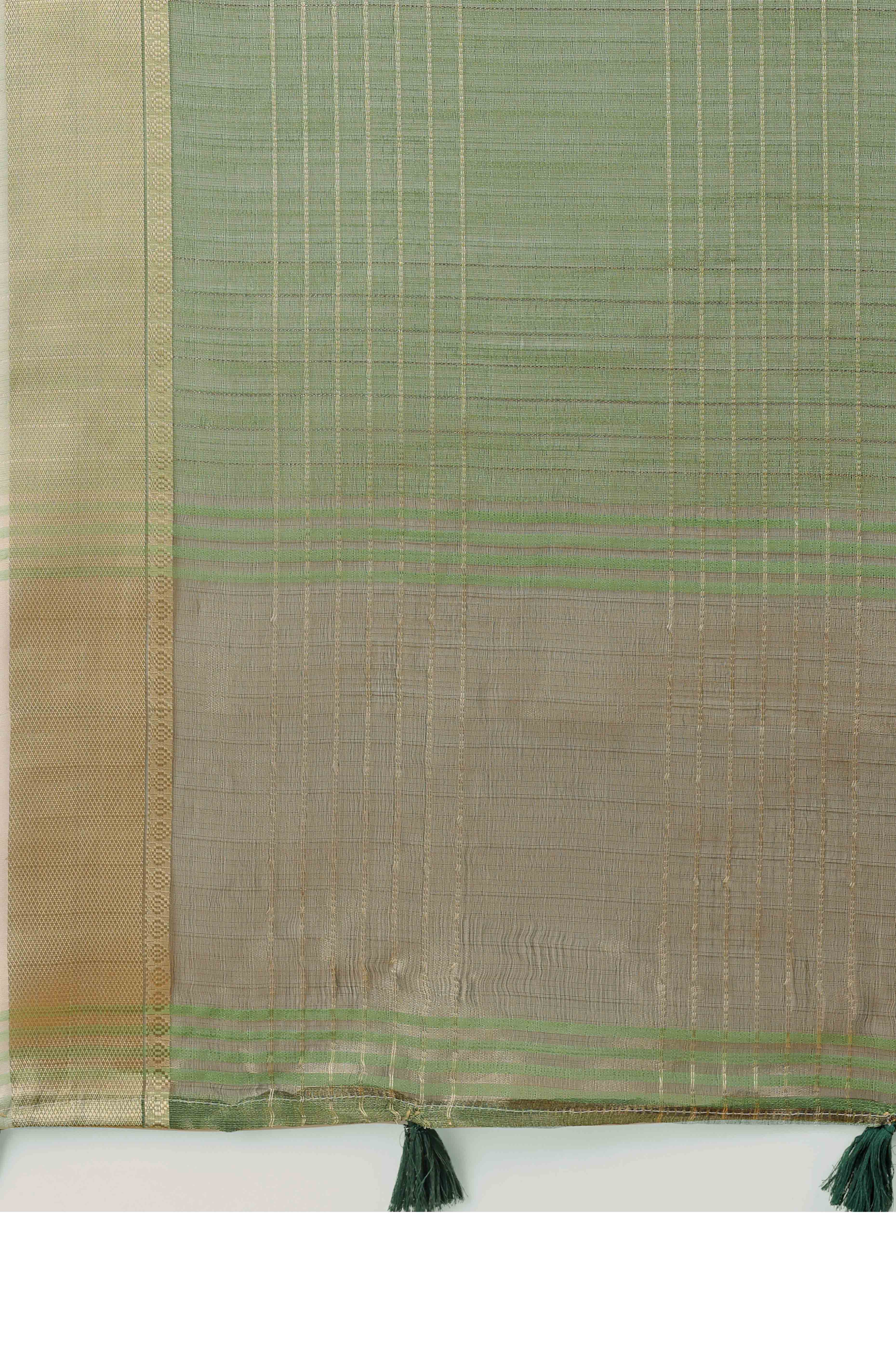 Green Organza Saree With Zari Weaving Check Patterns & Elegant Tassel Accents