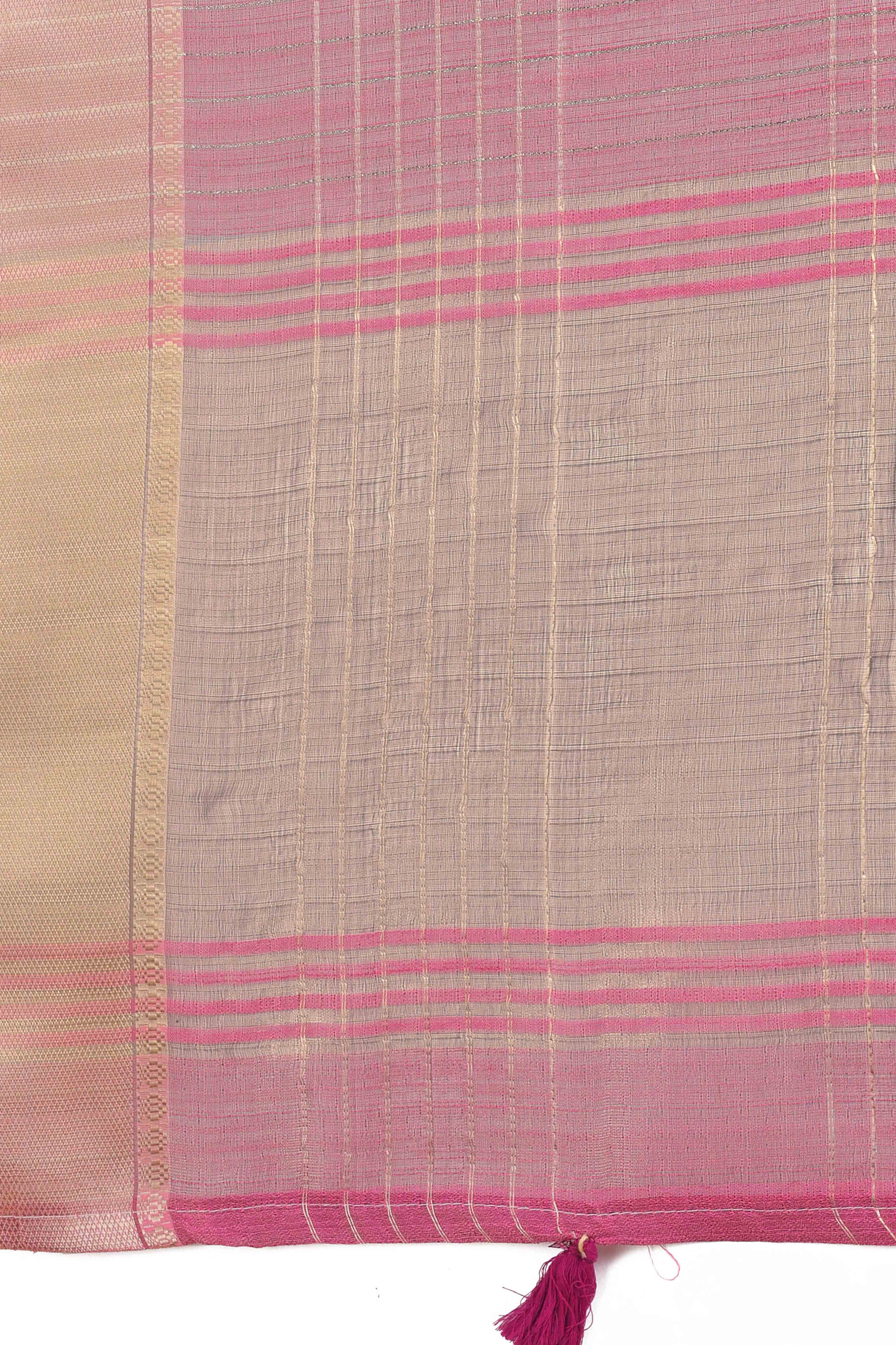 Onion Pink Organza Saree With Zari Weaving Check Patterns & Elegant Tassel Accents