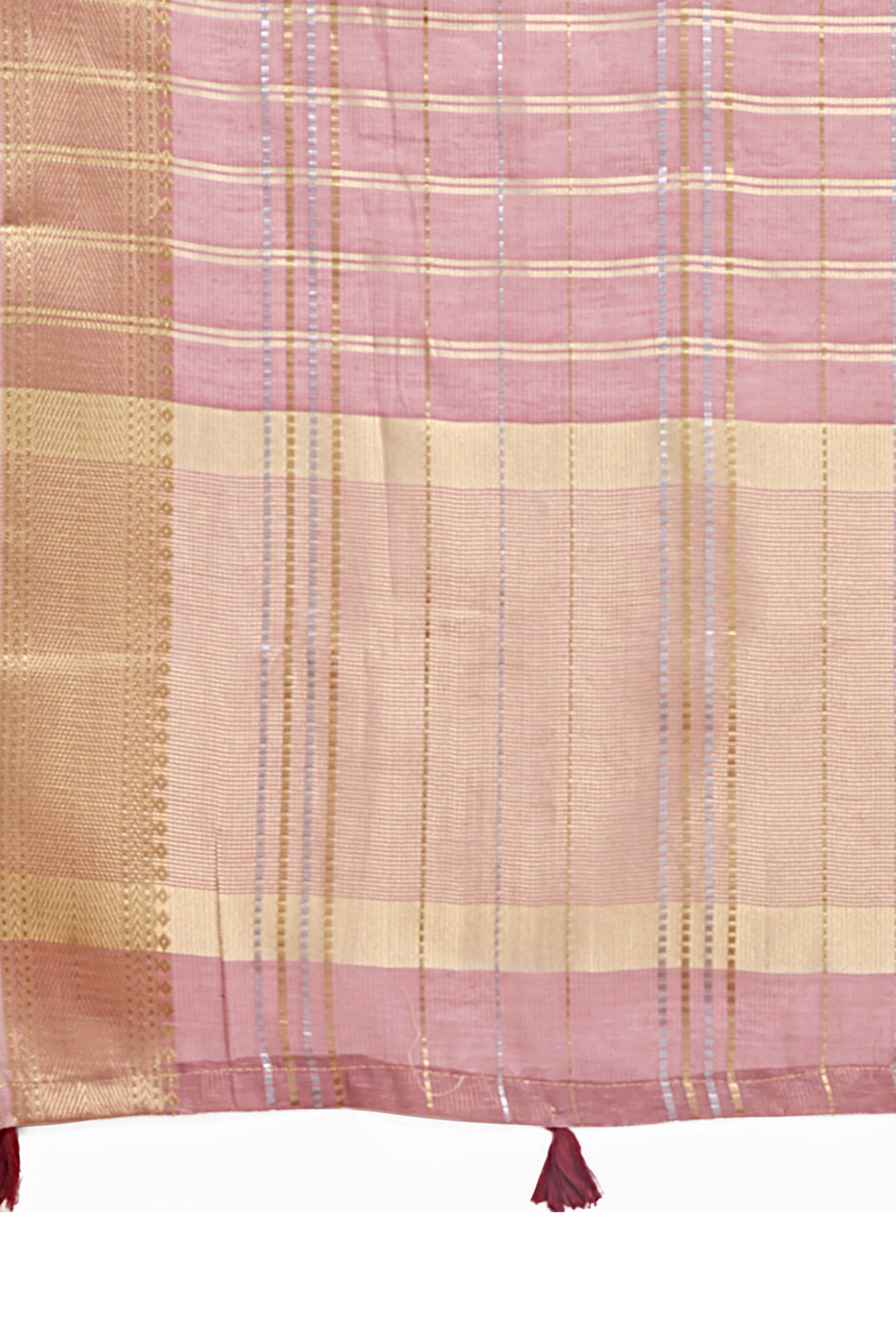Dusty Mauve Organza Saree with Checkered Zari Weaving and Tassel Accents