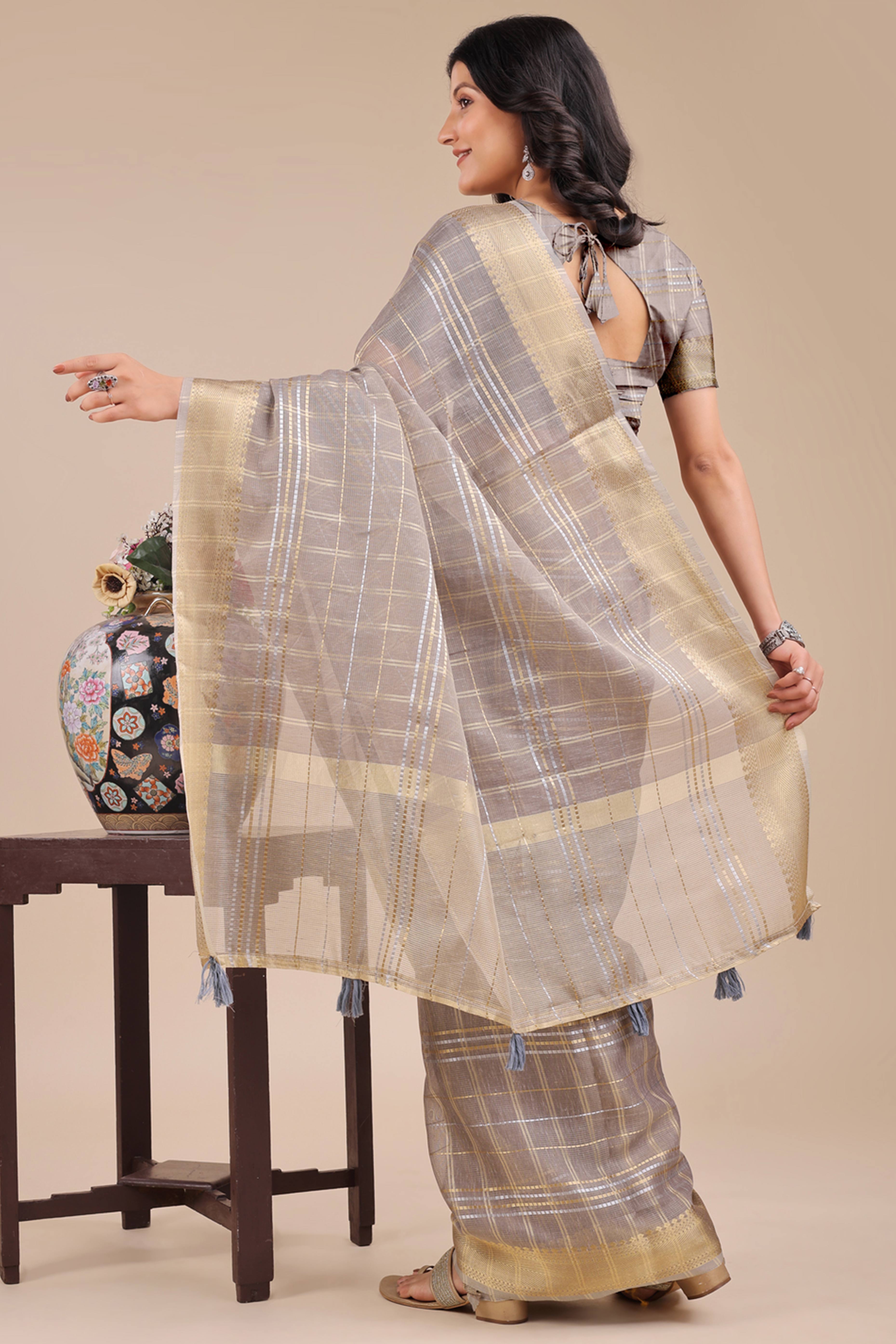 Taupe Grey Organza Saree with Checkered Zari Weaving and Tassel Finish