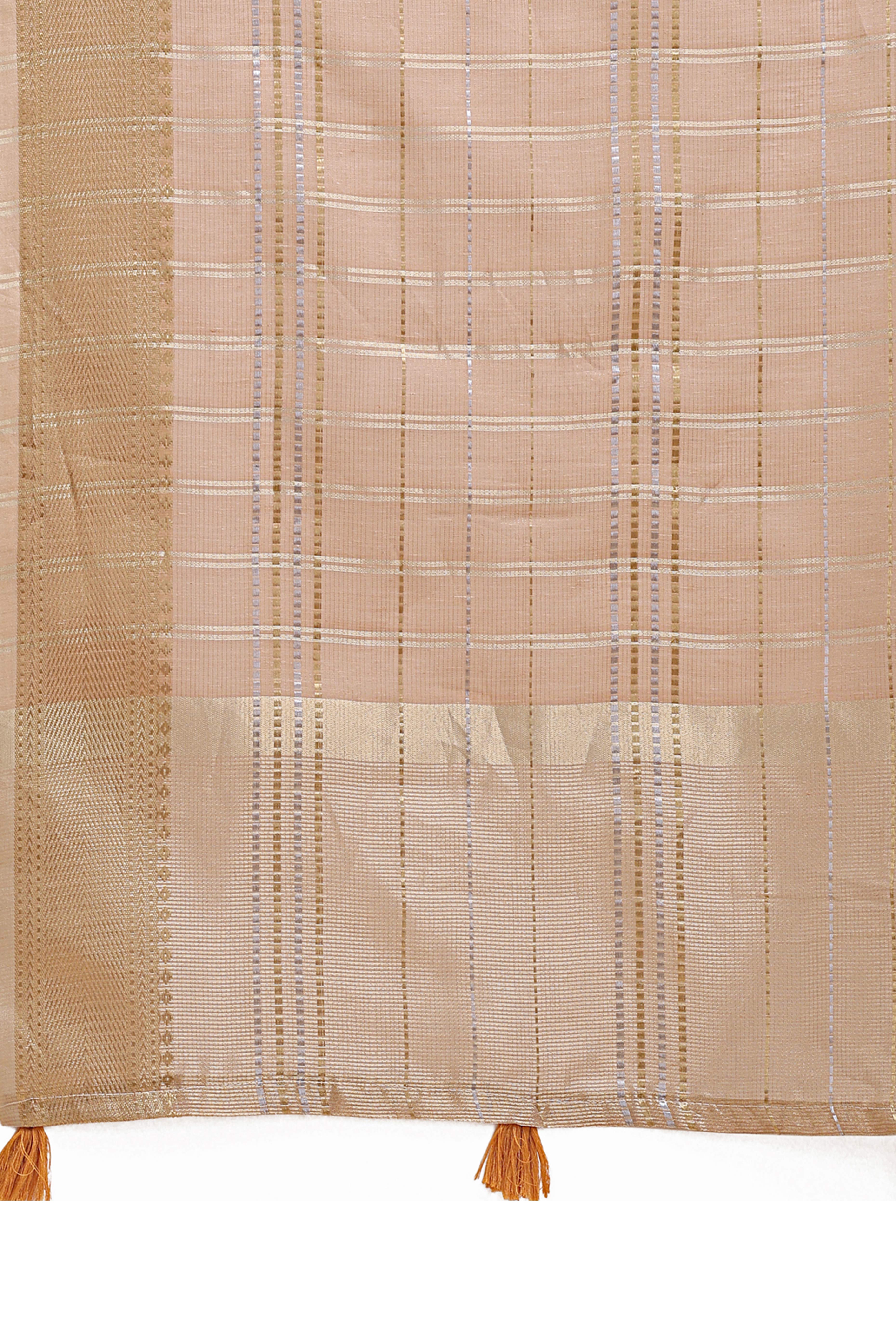 Beige Organza Saree with Checkered Zari Weaving and Tassel Elegance