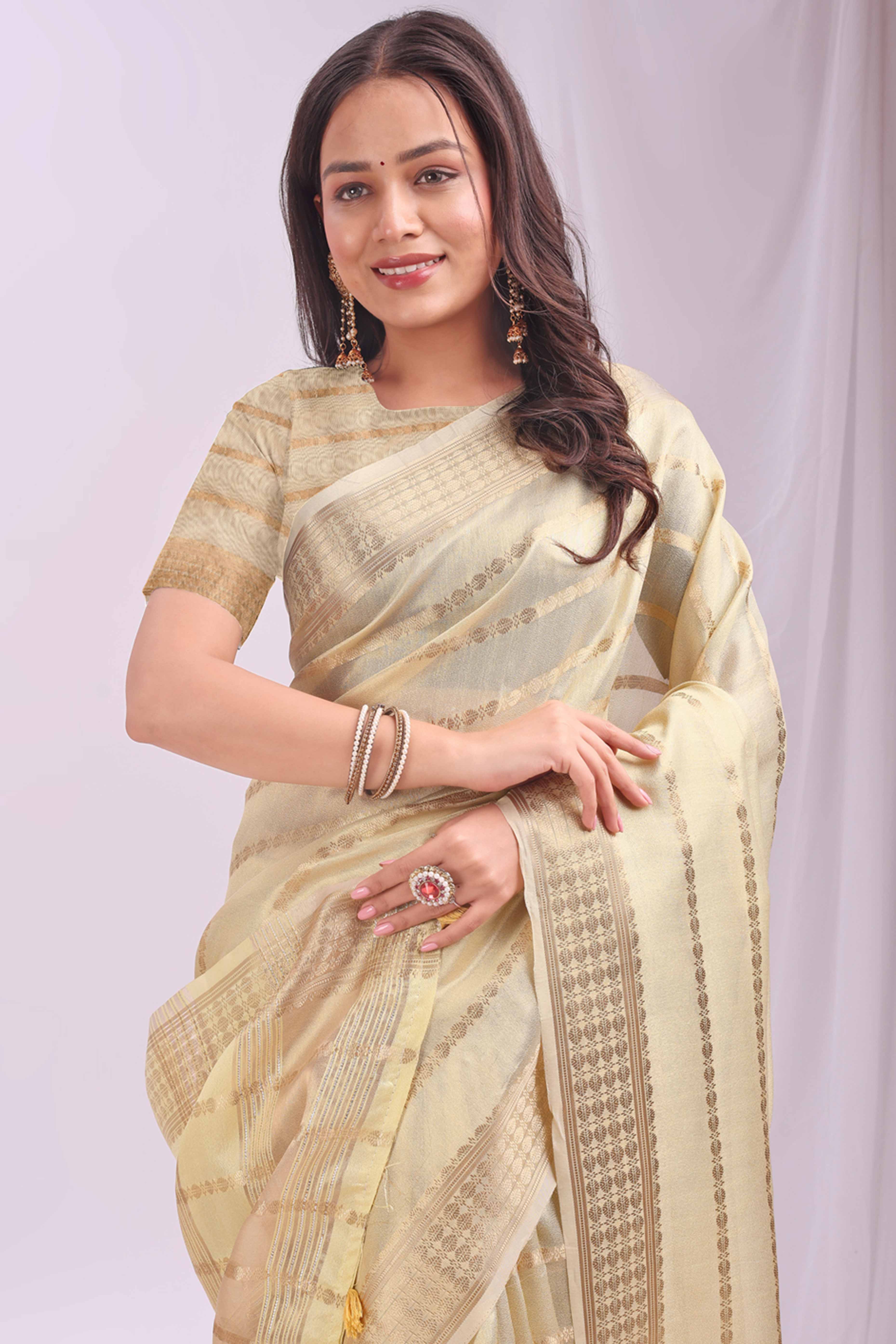 Gold Lightweight Organza Saree with Rich Zari Stripes Pattern