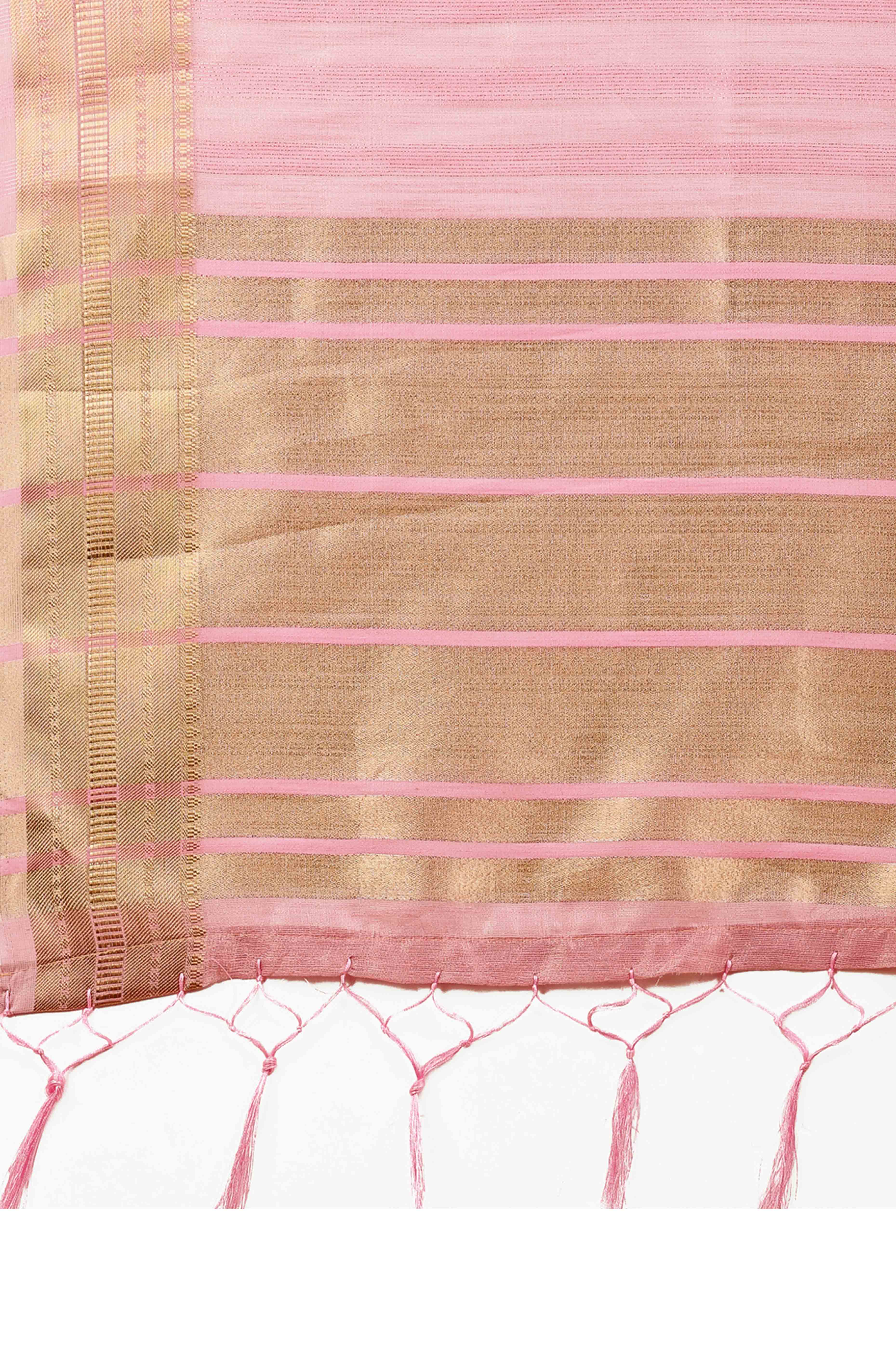 Pink Organza Saree With Intricate Weave & Elegant Tassel Accents