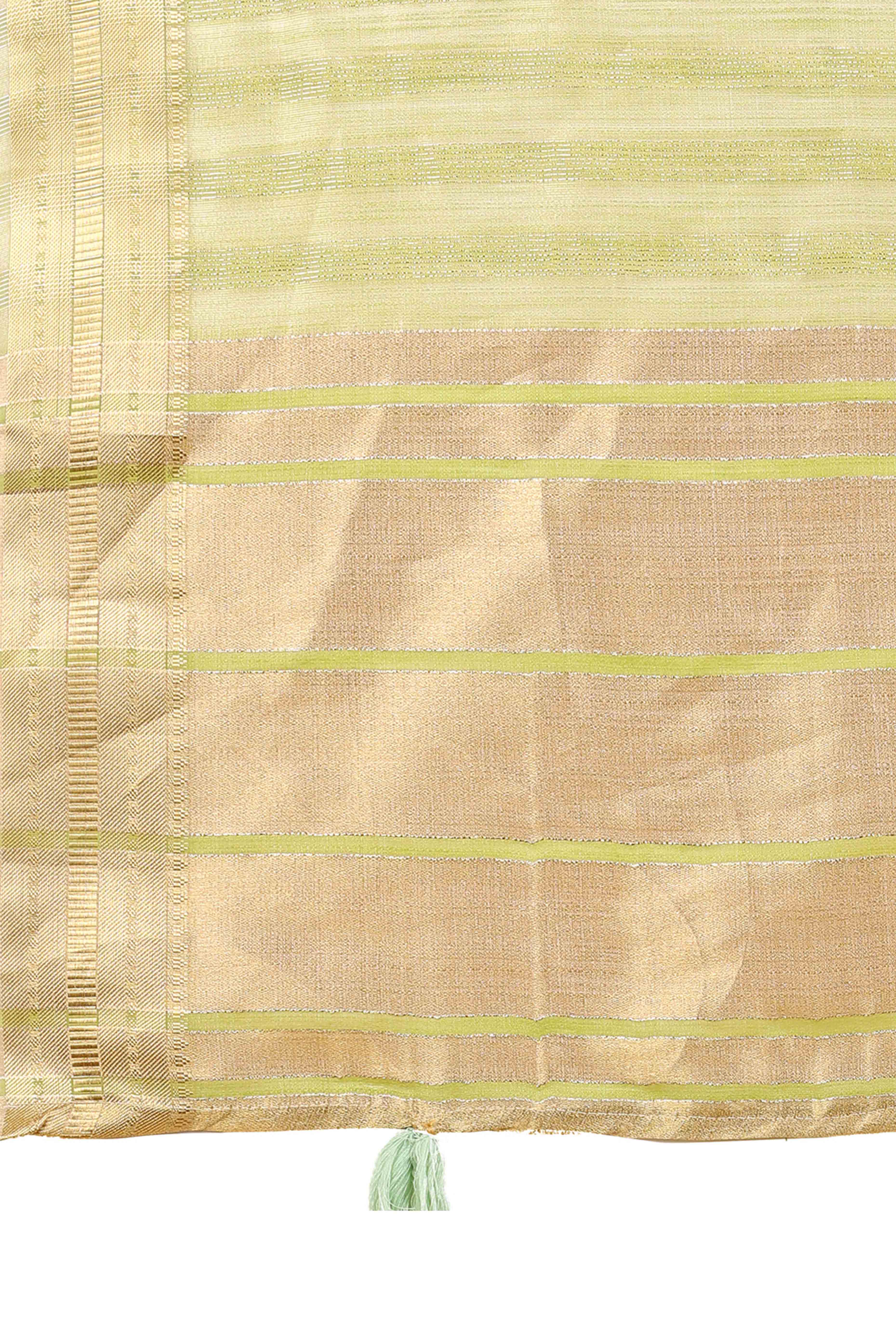 Light Green Organza Saree With Intricate Weave & Elegant Tassel Accents