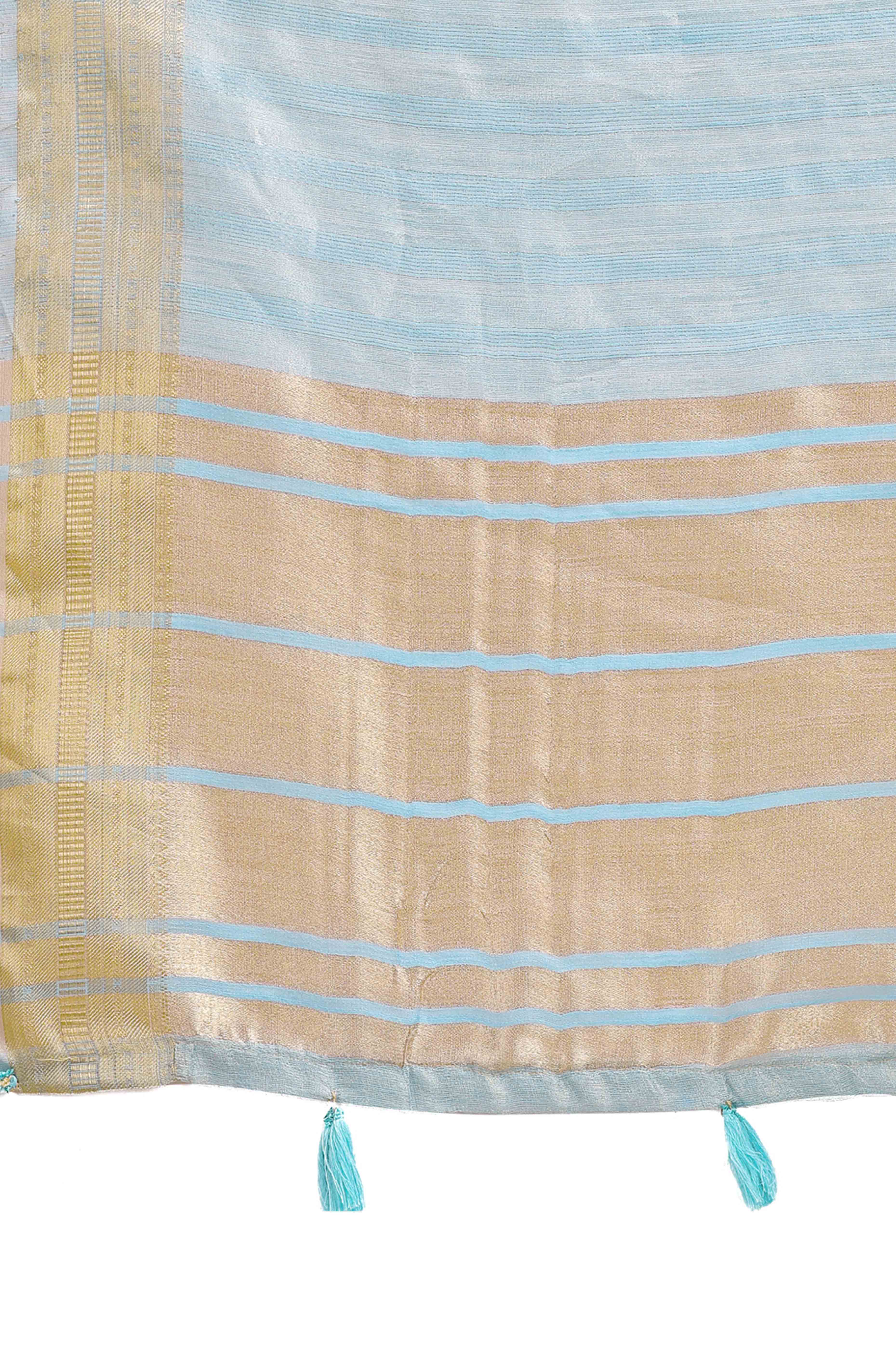 Sky Blue Organza Saree With Intricate Weave & Elegant Tassel Accents