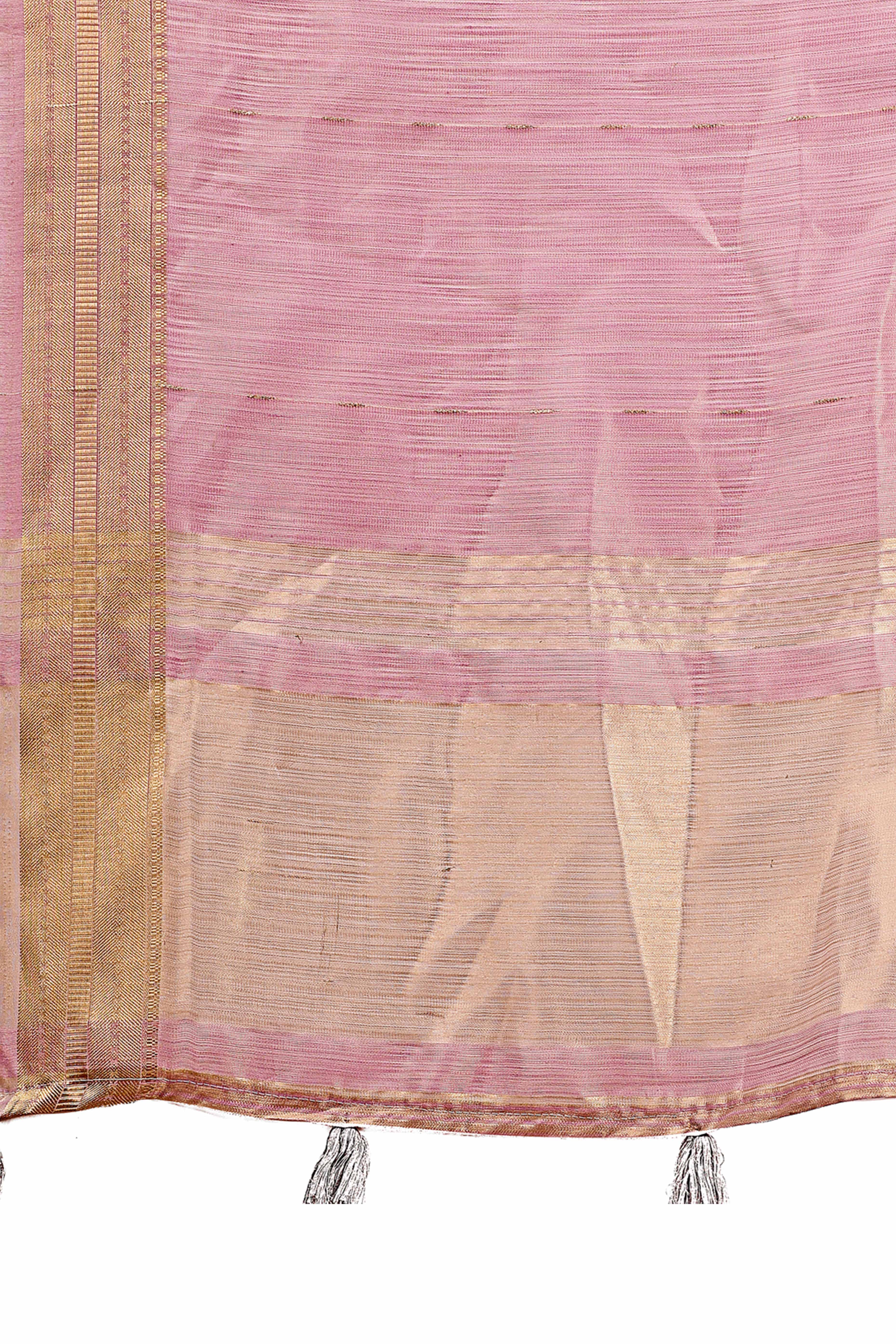 Onion Pink Organza Saree Adorned With Zari Weave & Tassel Edges