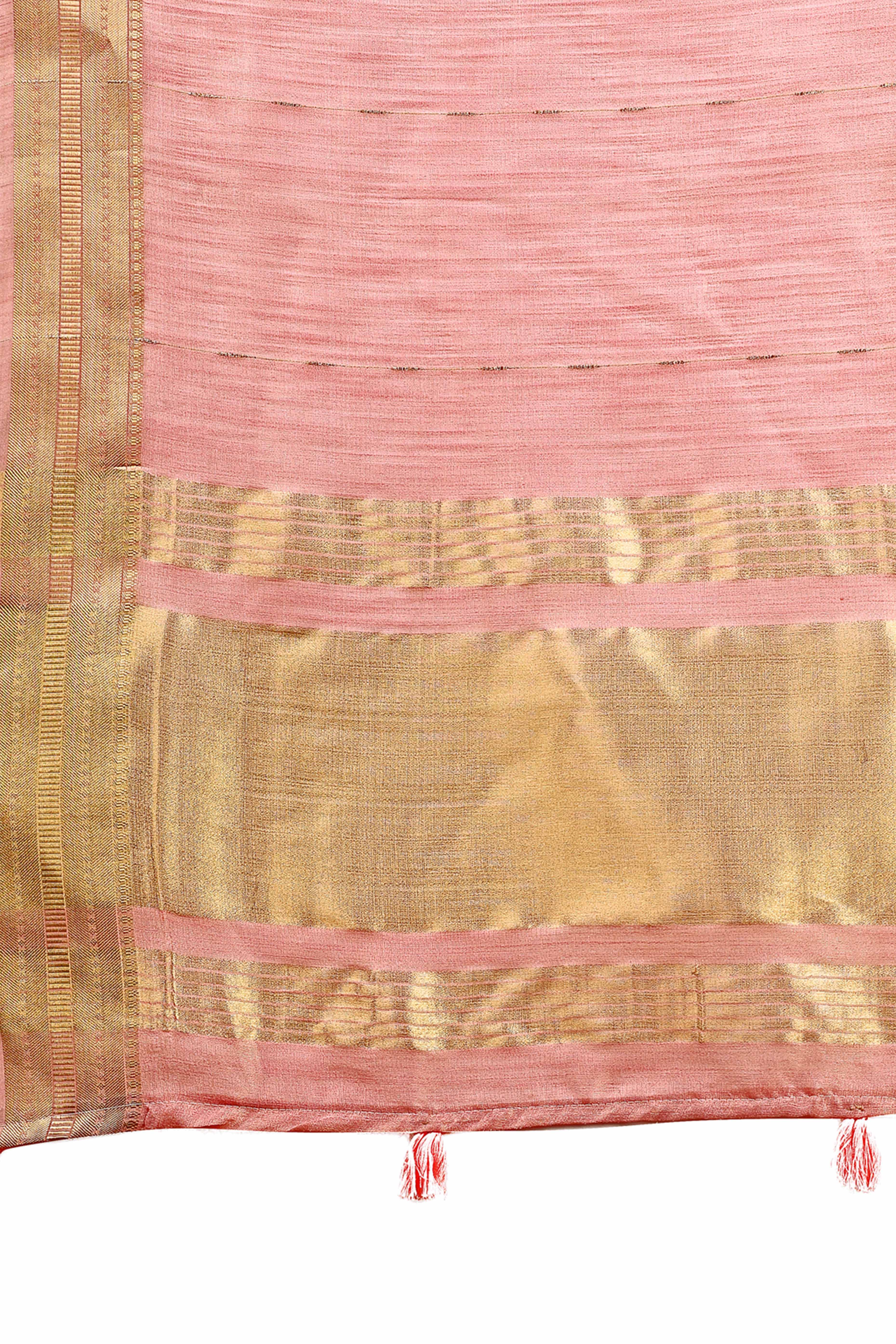 Light Pink Organza Saree Adorned With Zari Weave & Tassel Edges