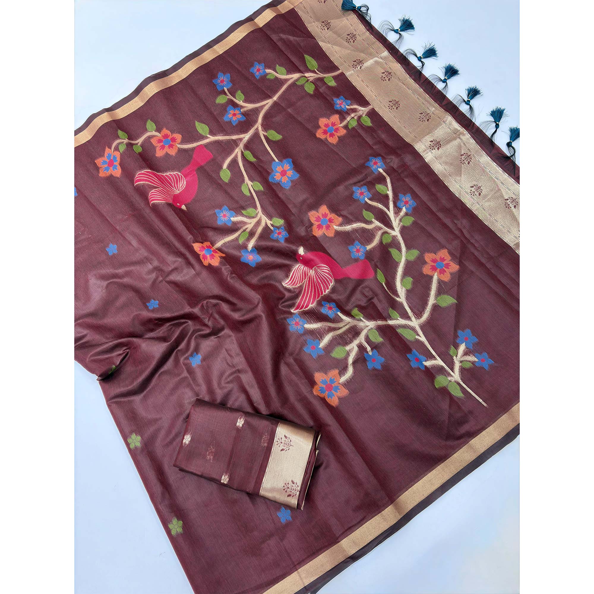 Burgundy Floral Handloom Muga Cotton Silk Saree with Traditional Charm