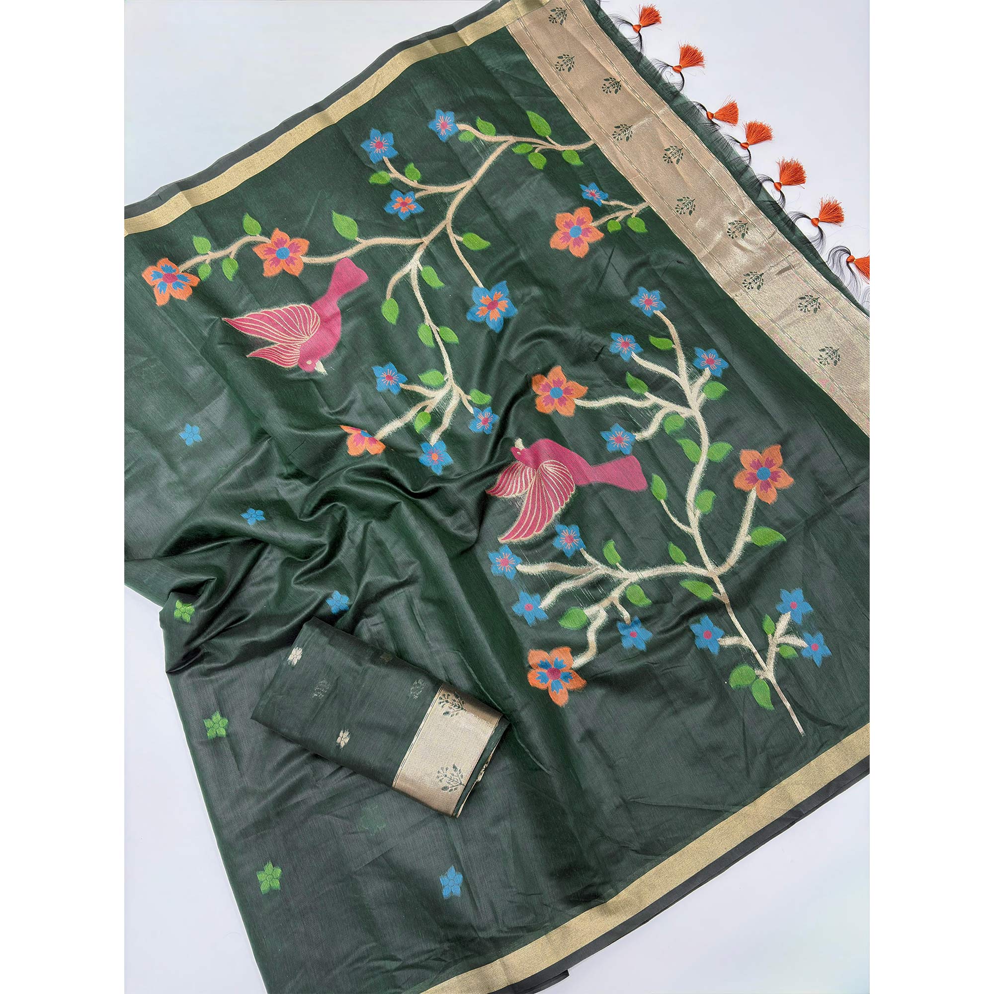 Green Floral Handloom Muga Cotton Silk Saree with Traditional Charm