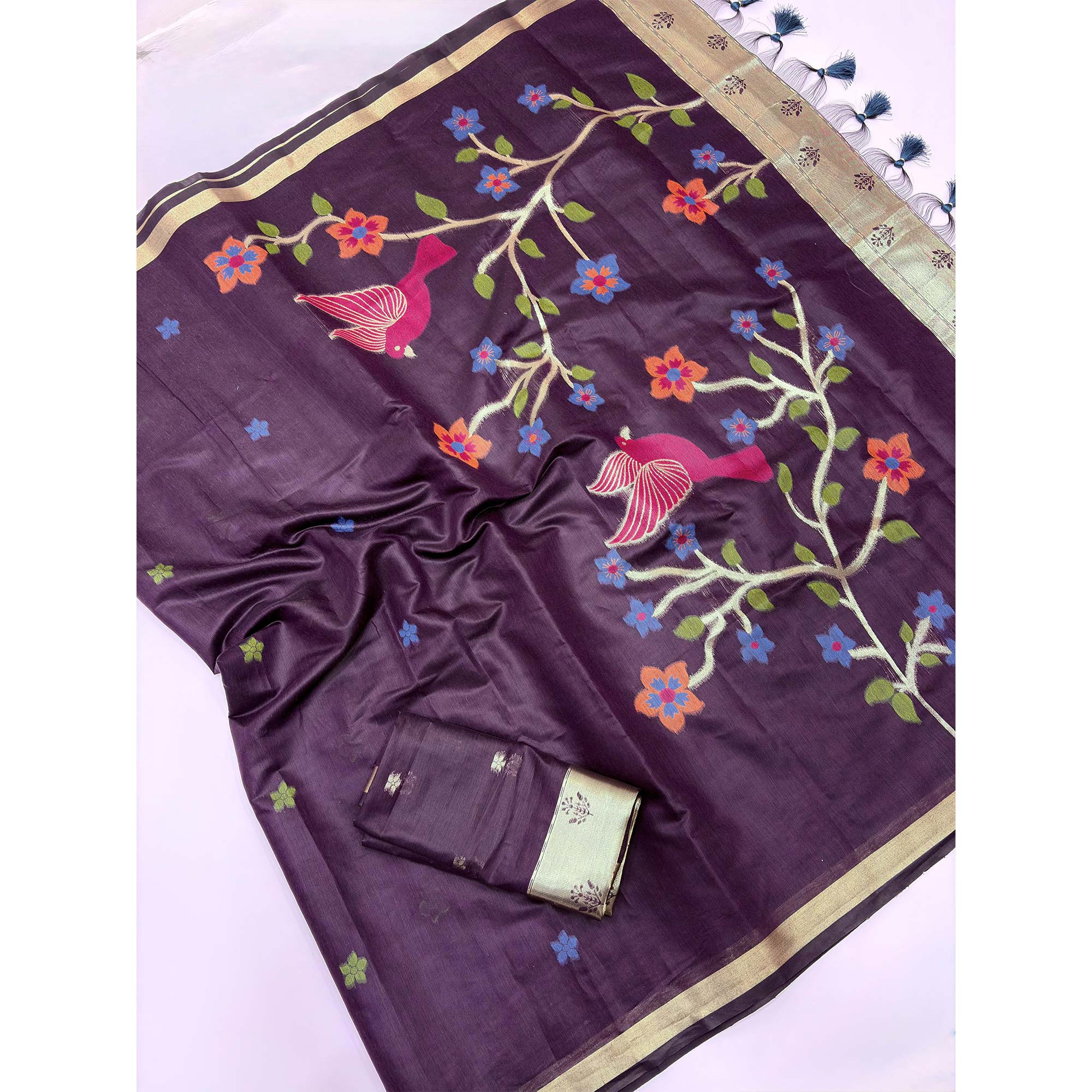 Wine Floral Handloom Muga Cotton Silk Saree with Traditional Charm