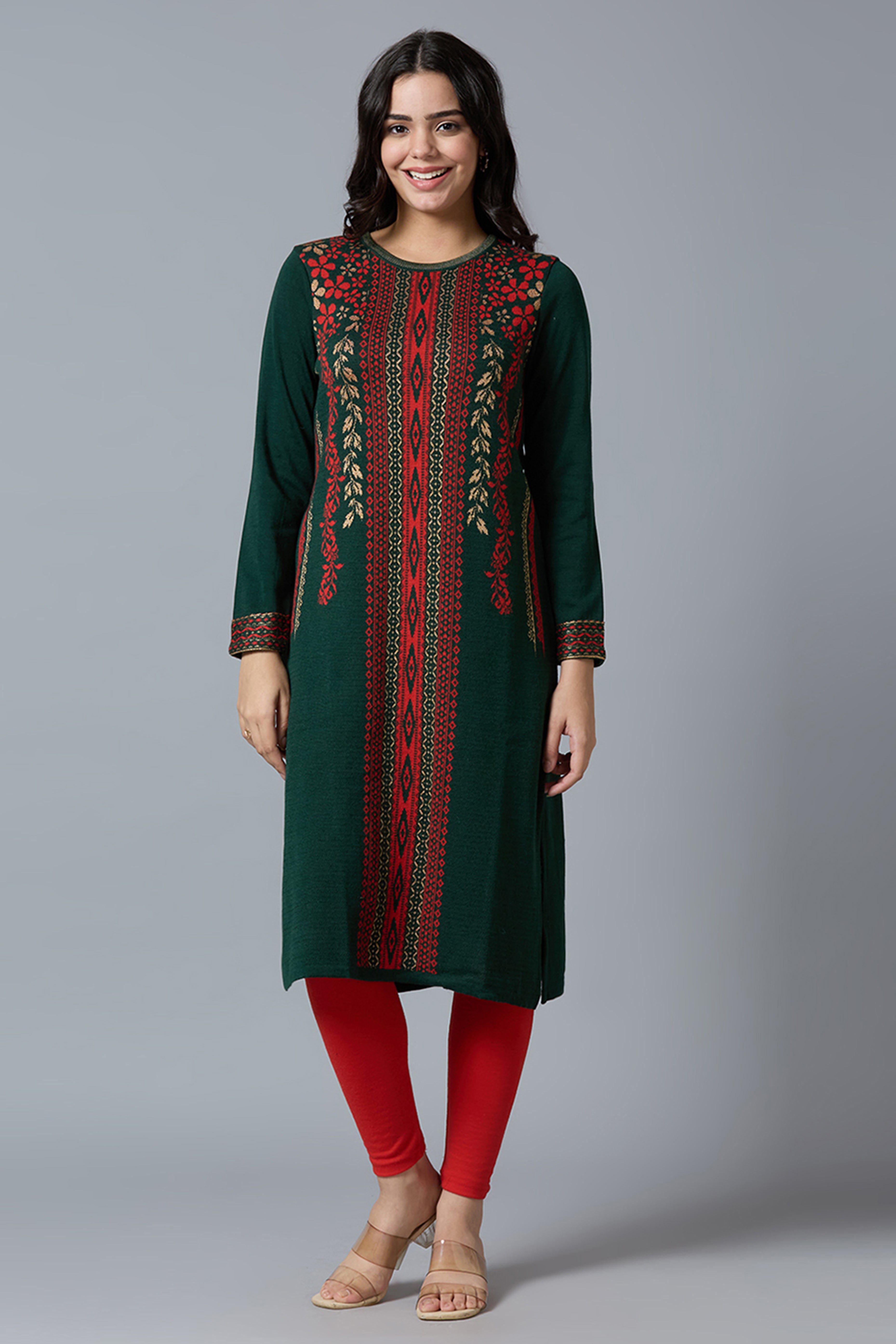 Bottle Green Woolen Straight Kurti