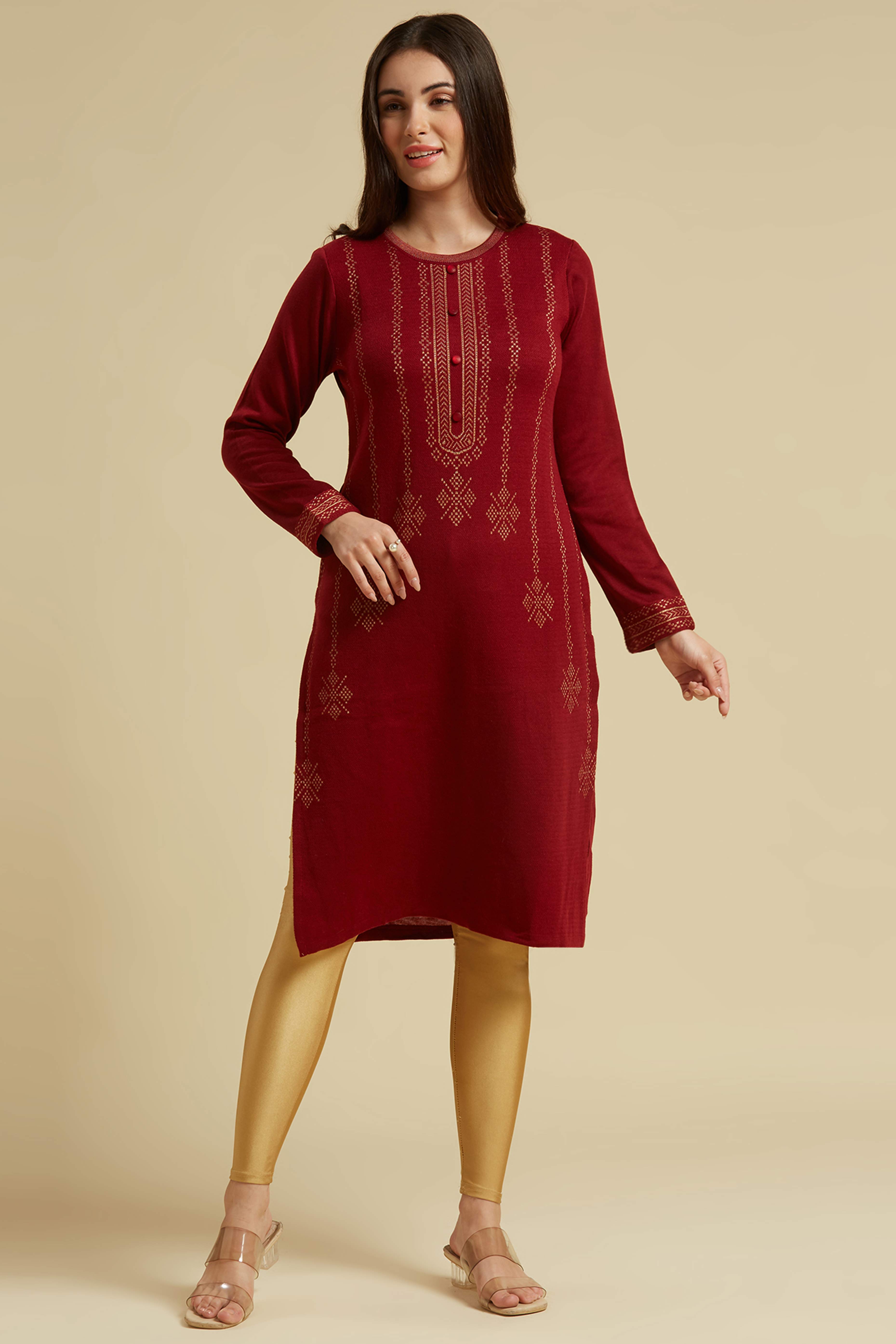 Maroon Woolen Straight Kurti