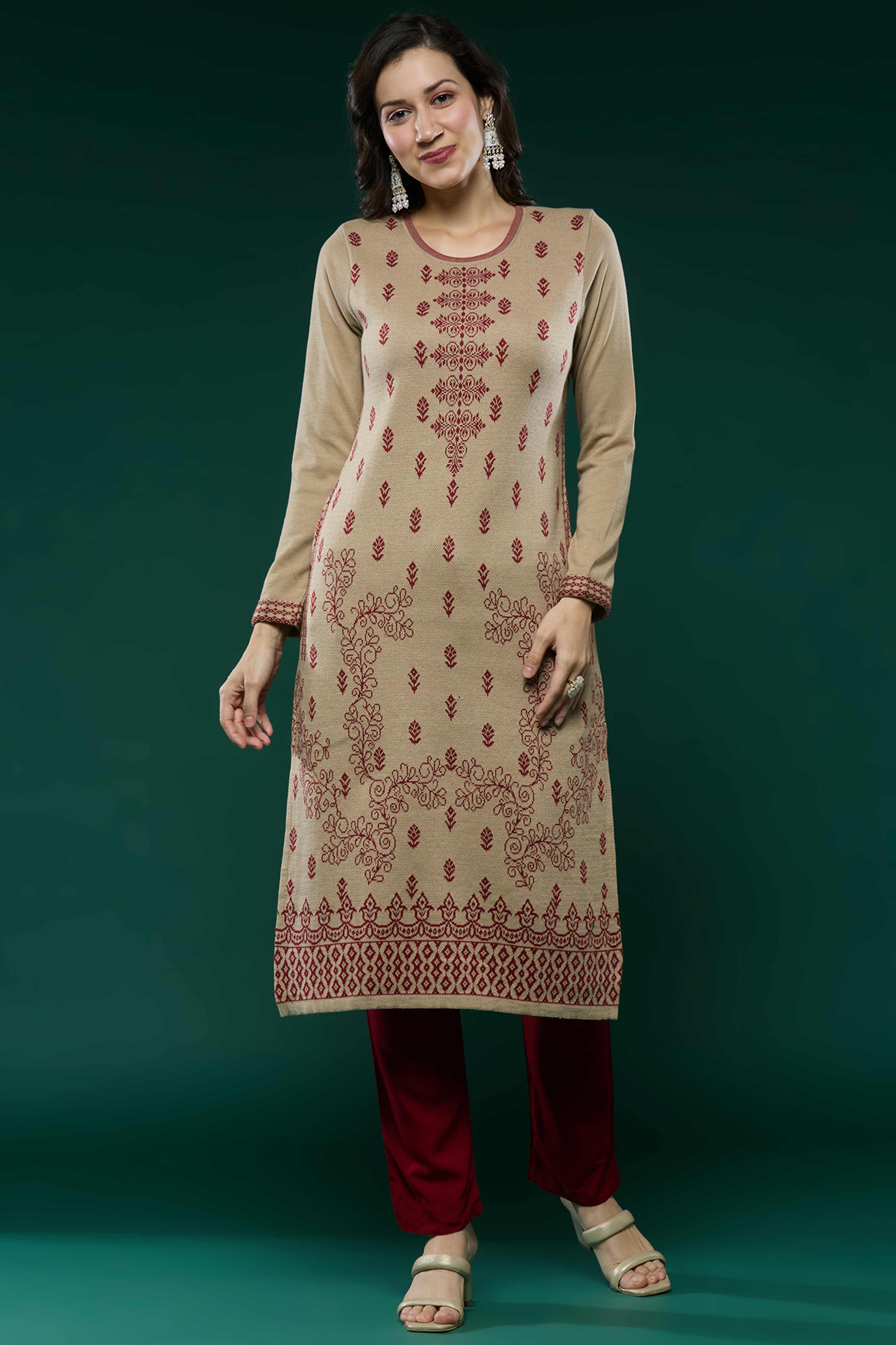 Beige Woolen Straight Kurti