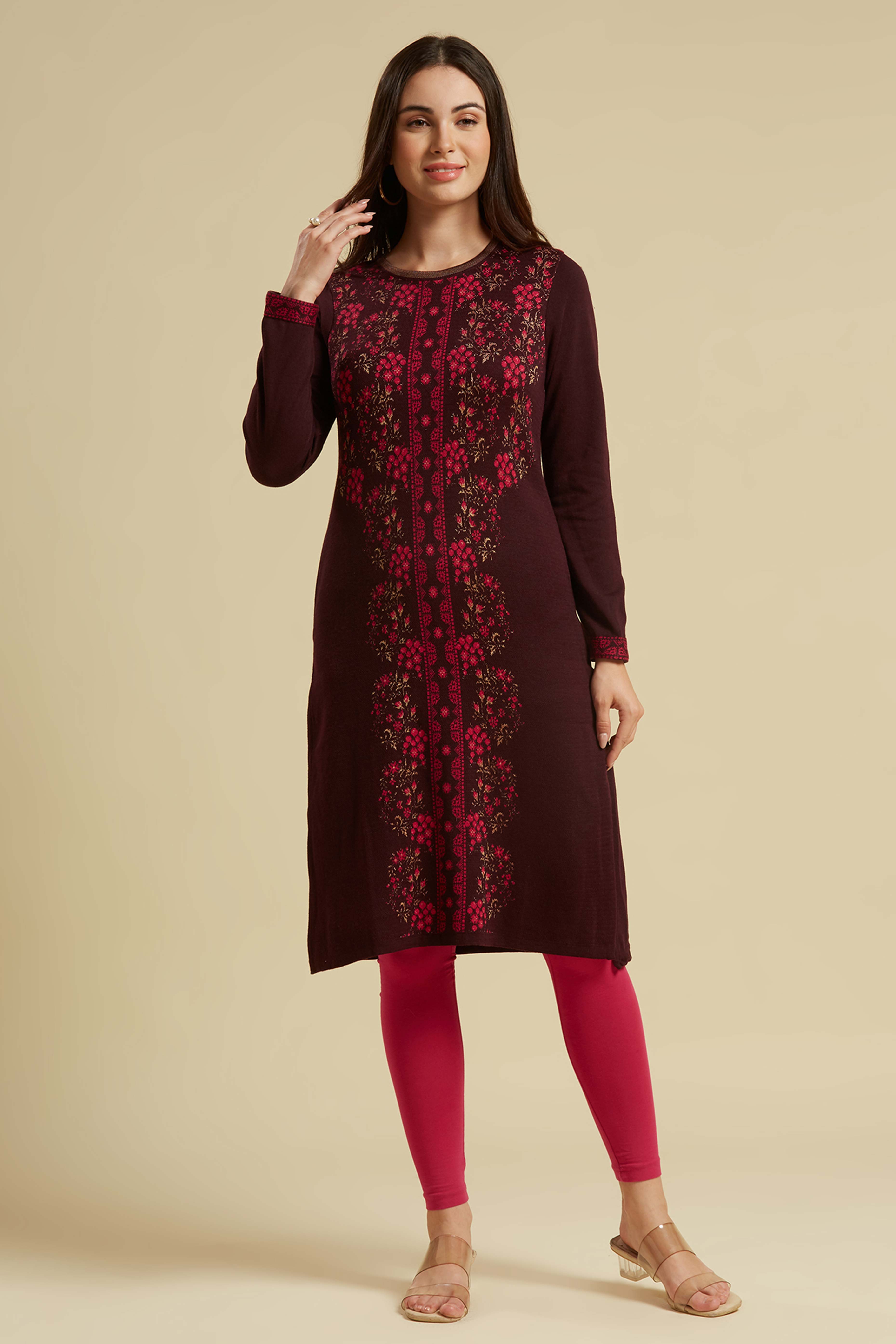 Dark Mauve Woolen Straight Kurti