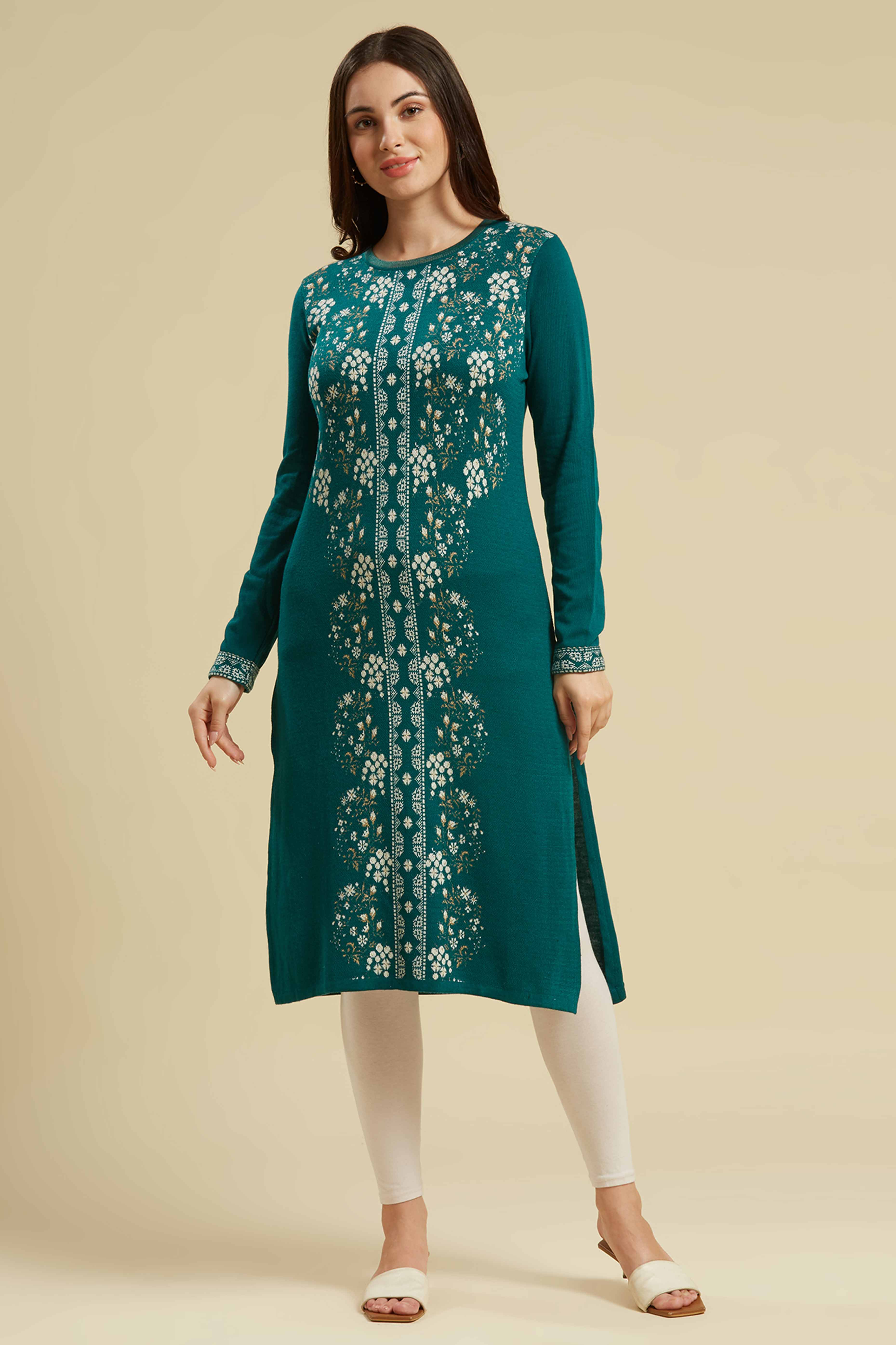 Teal Woolen Straight Kurti