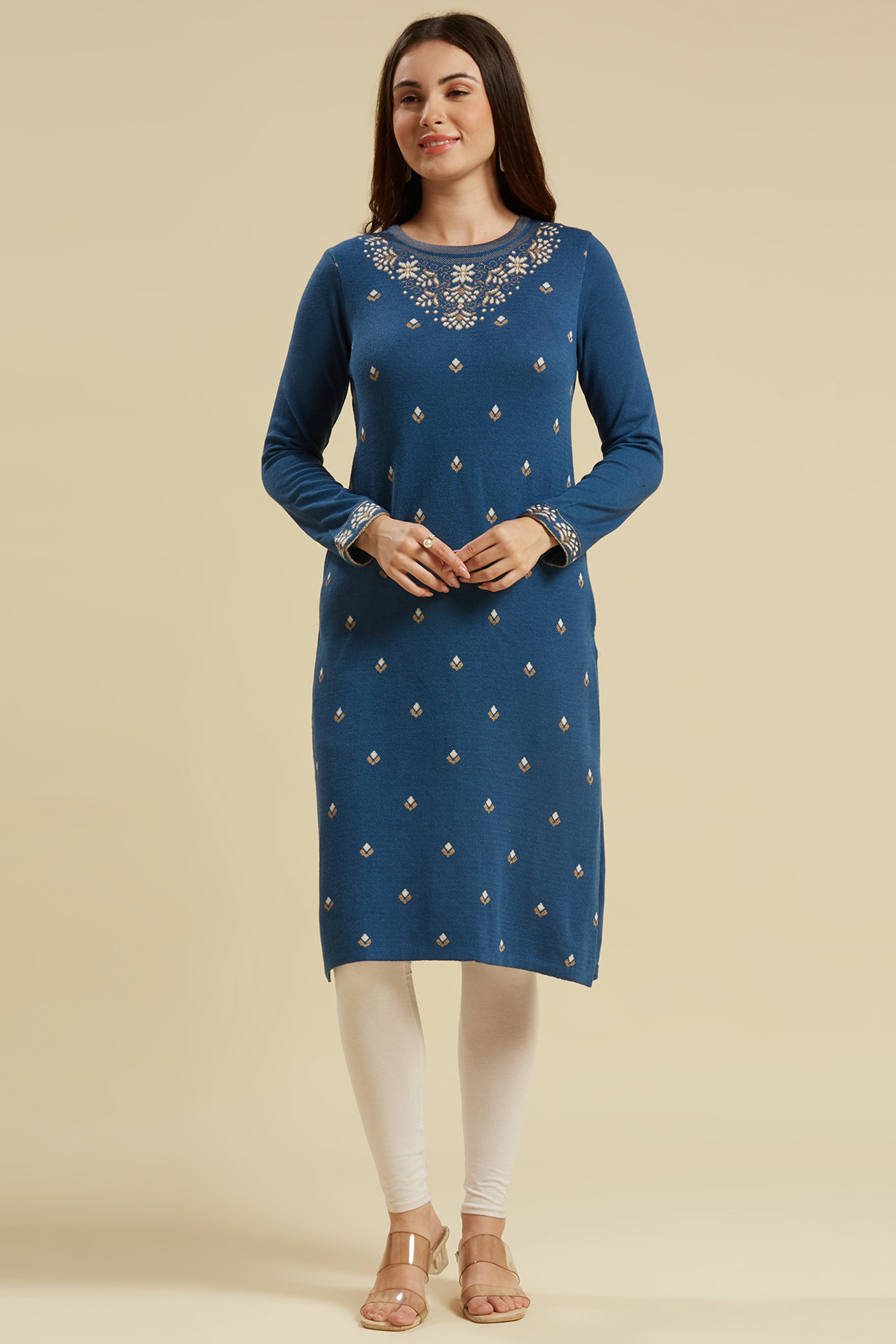 Blue Woolen Straight Kurti