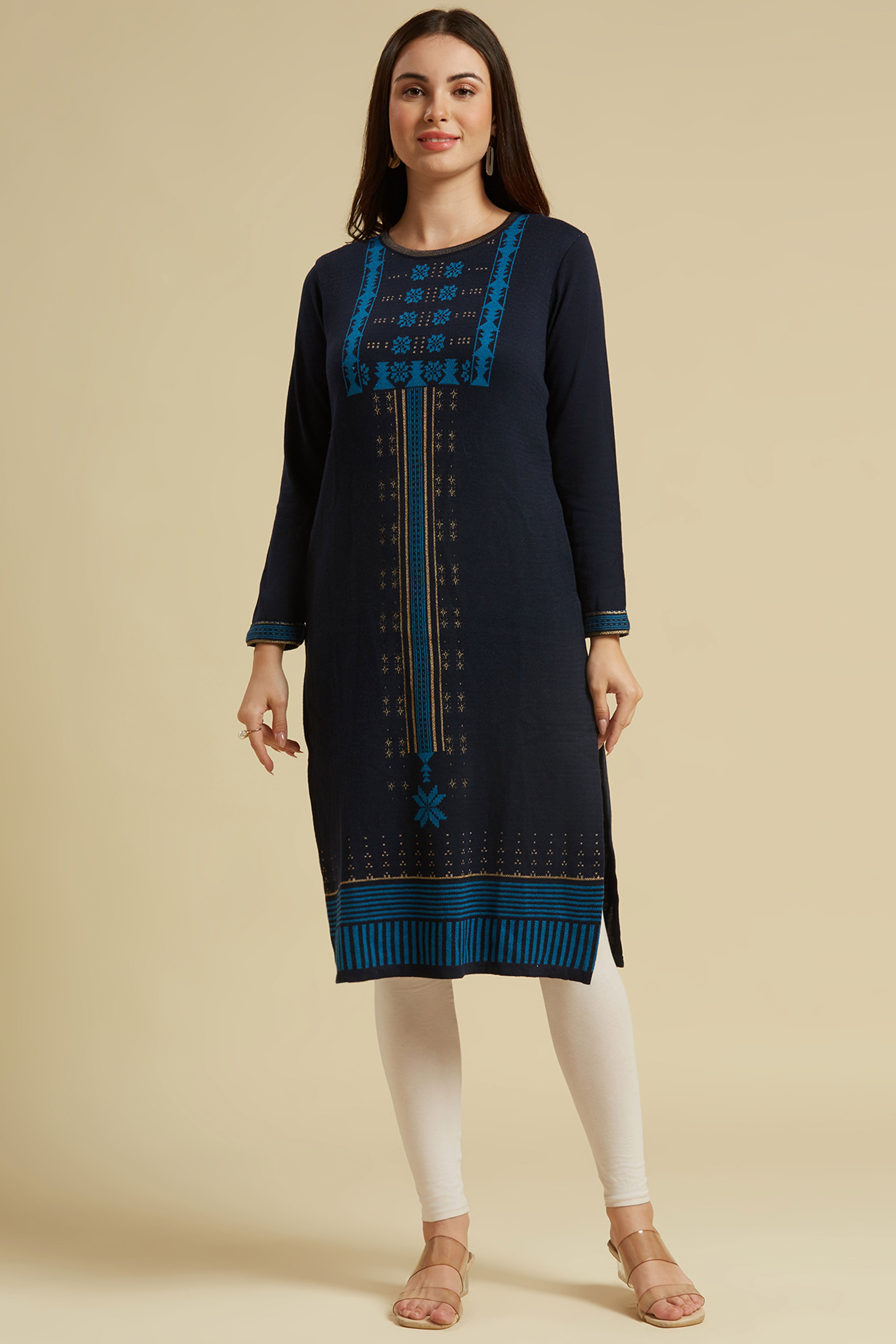 Navy Blue Woolen Straight Kurti