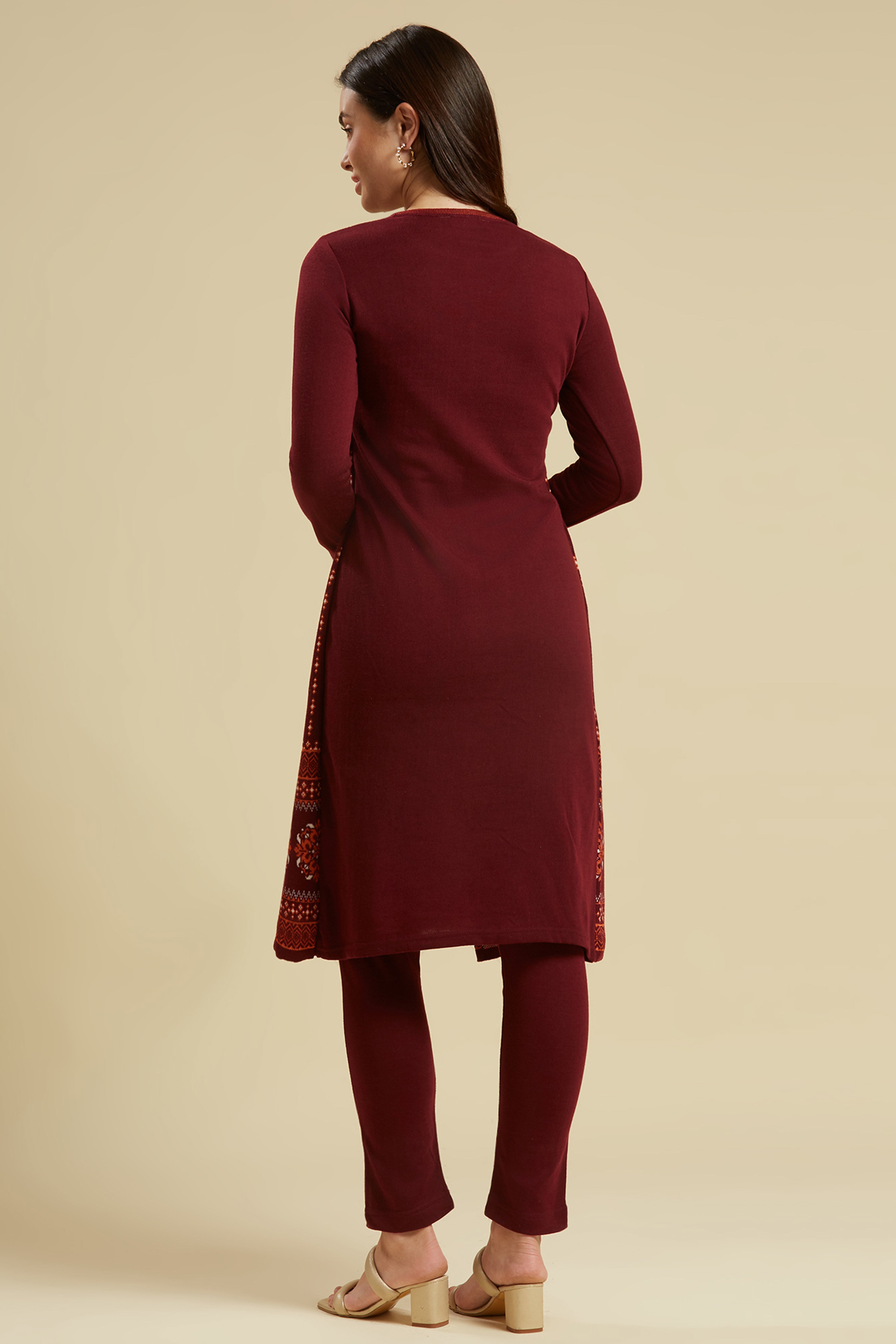 Wine Floral Woolen Top Bottom Set