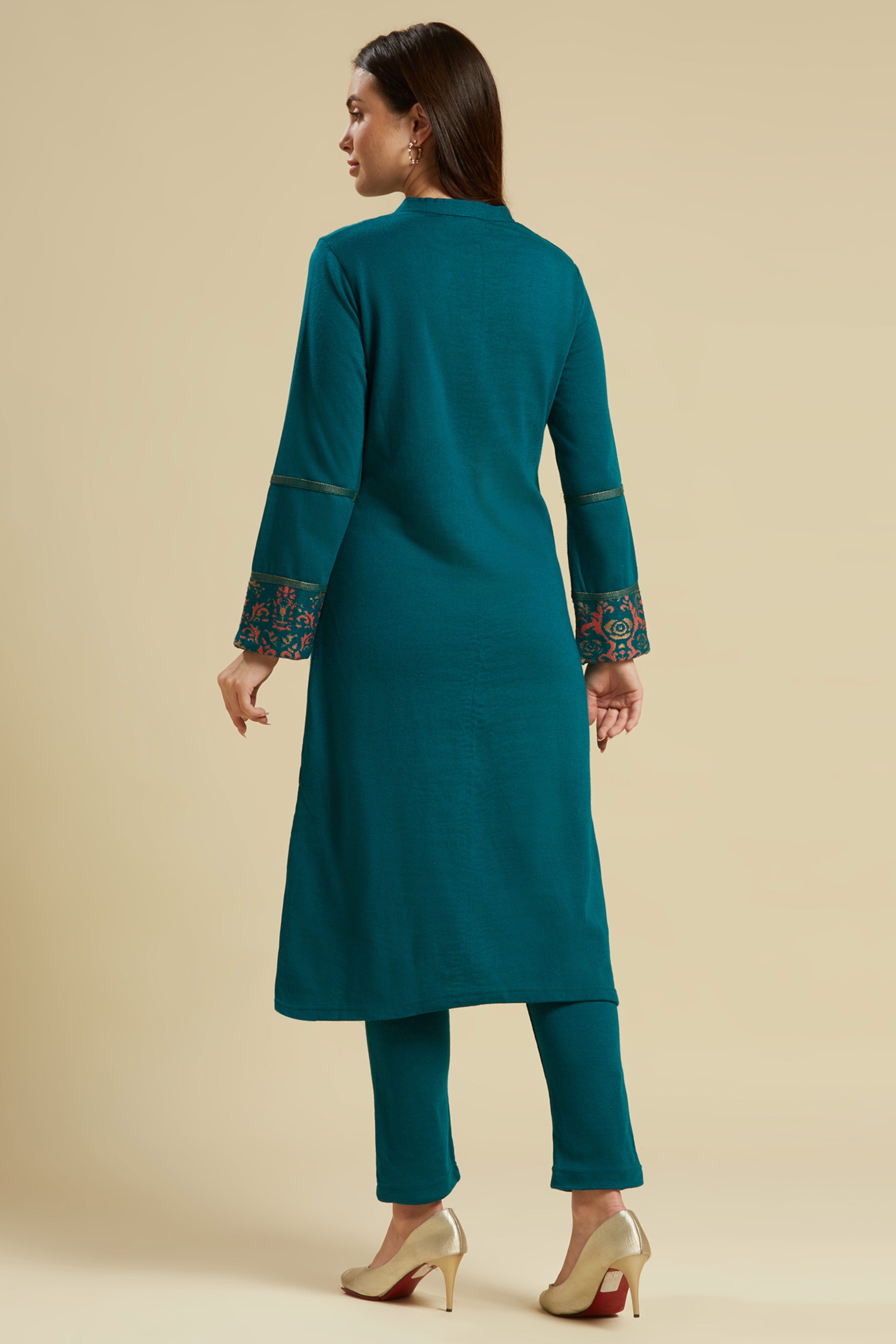 Teal Floral Woolen Top Bottom Set