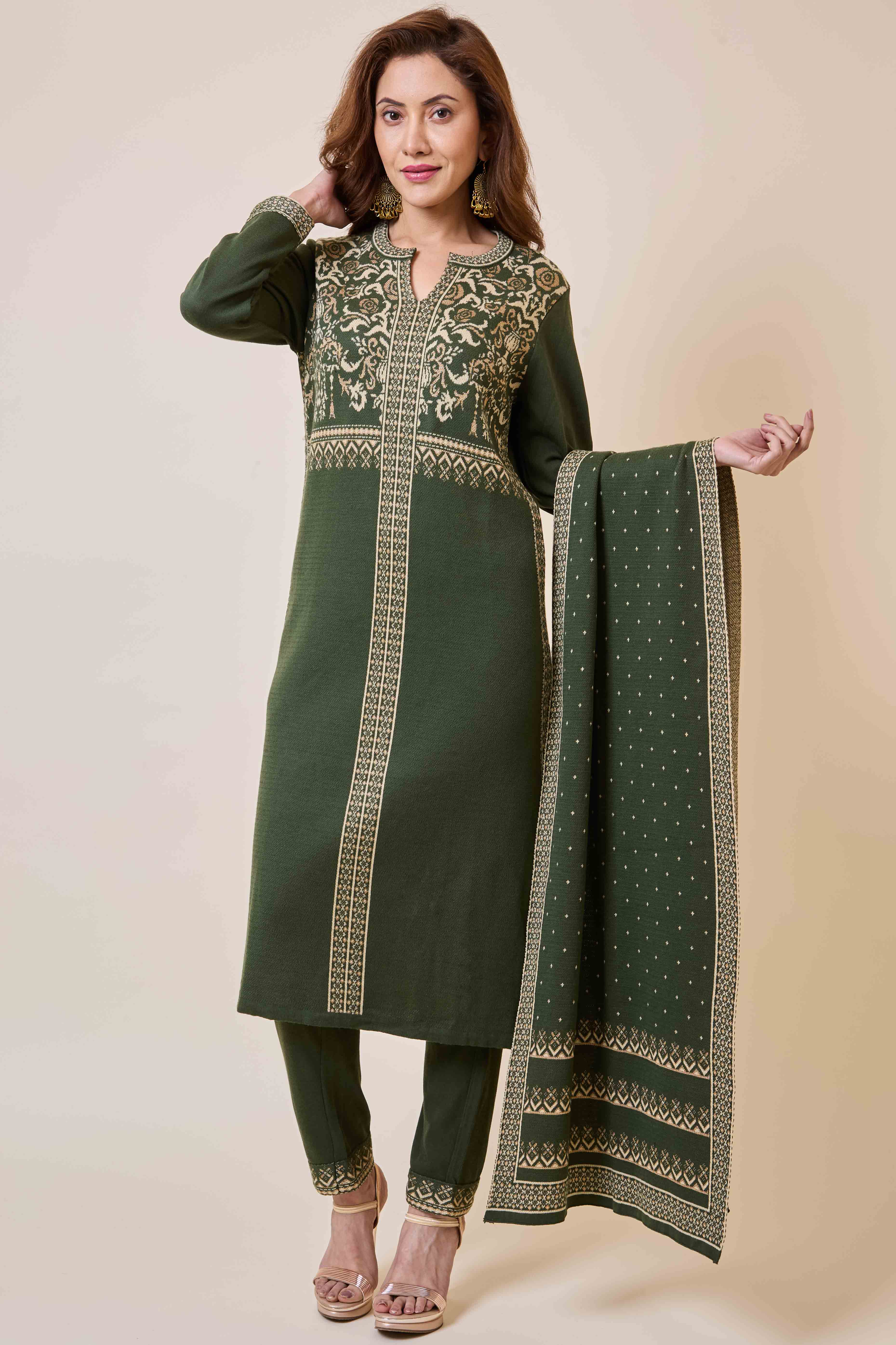 Mehandi Green Floral Woolen Salwar Suit