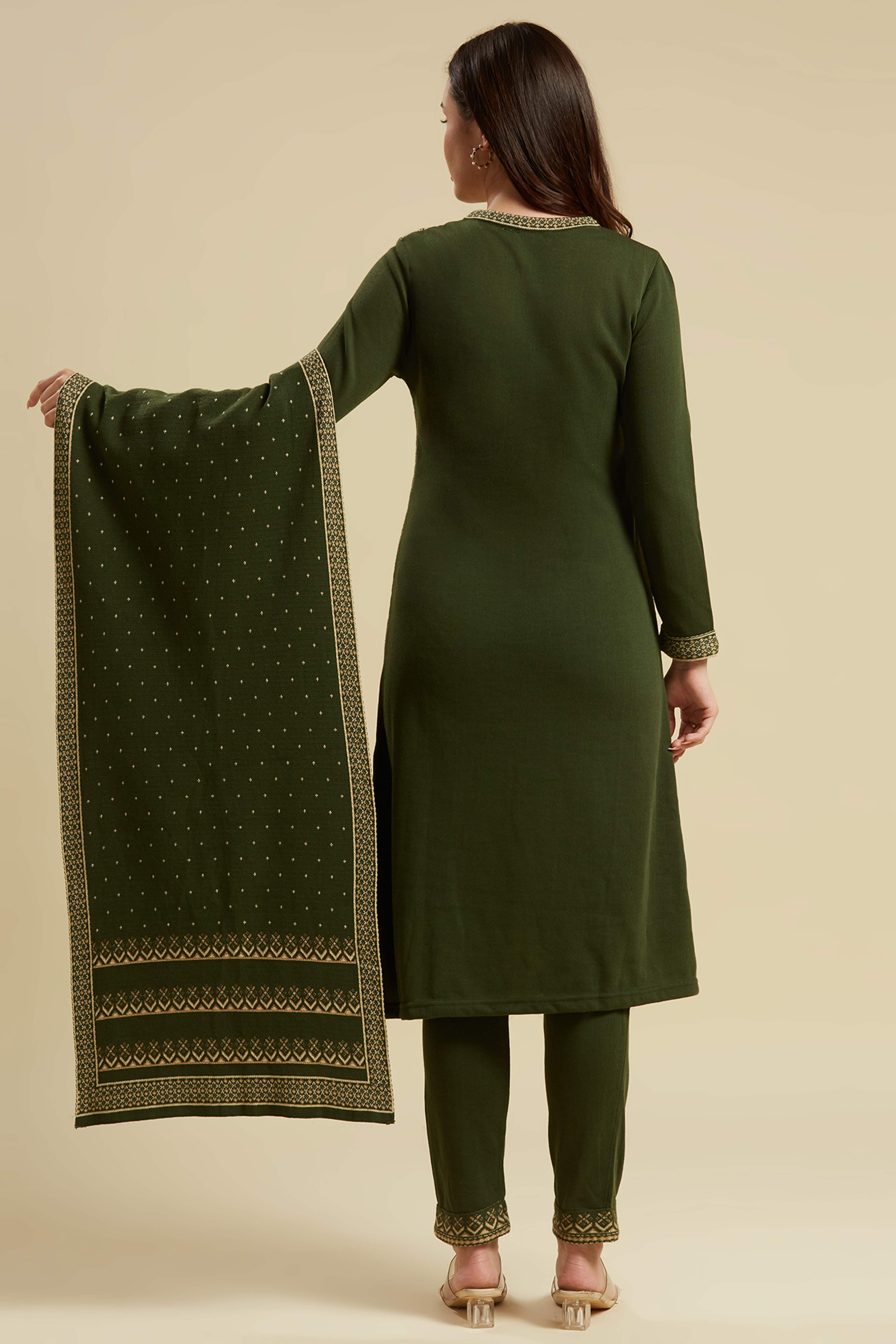 Mehandi Green Floral Woolen Salwar Suit