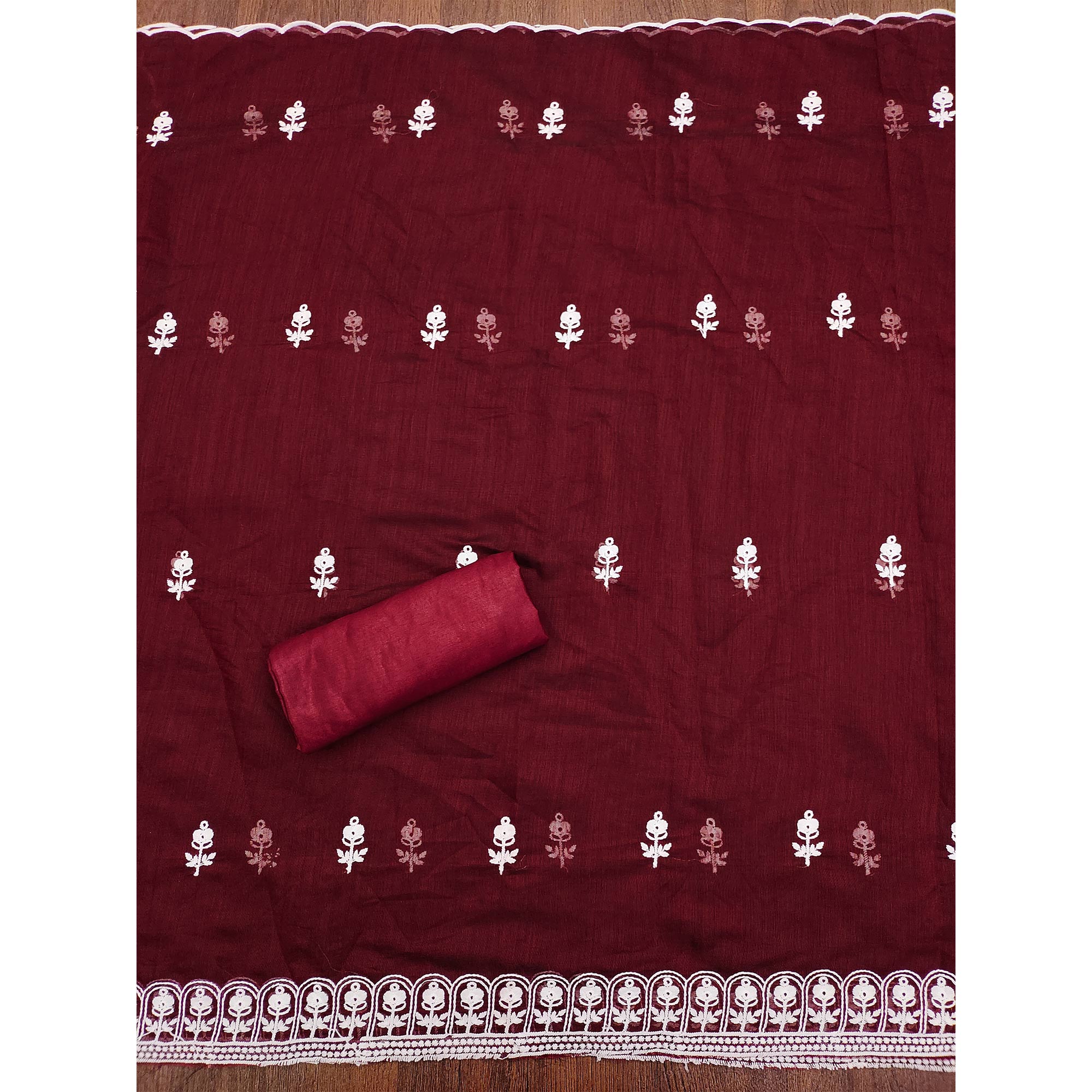 Maroon Floral Embroidered Chanderi Cotton Dress Material