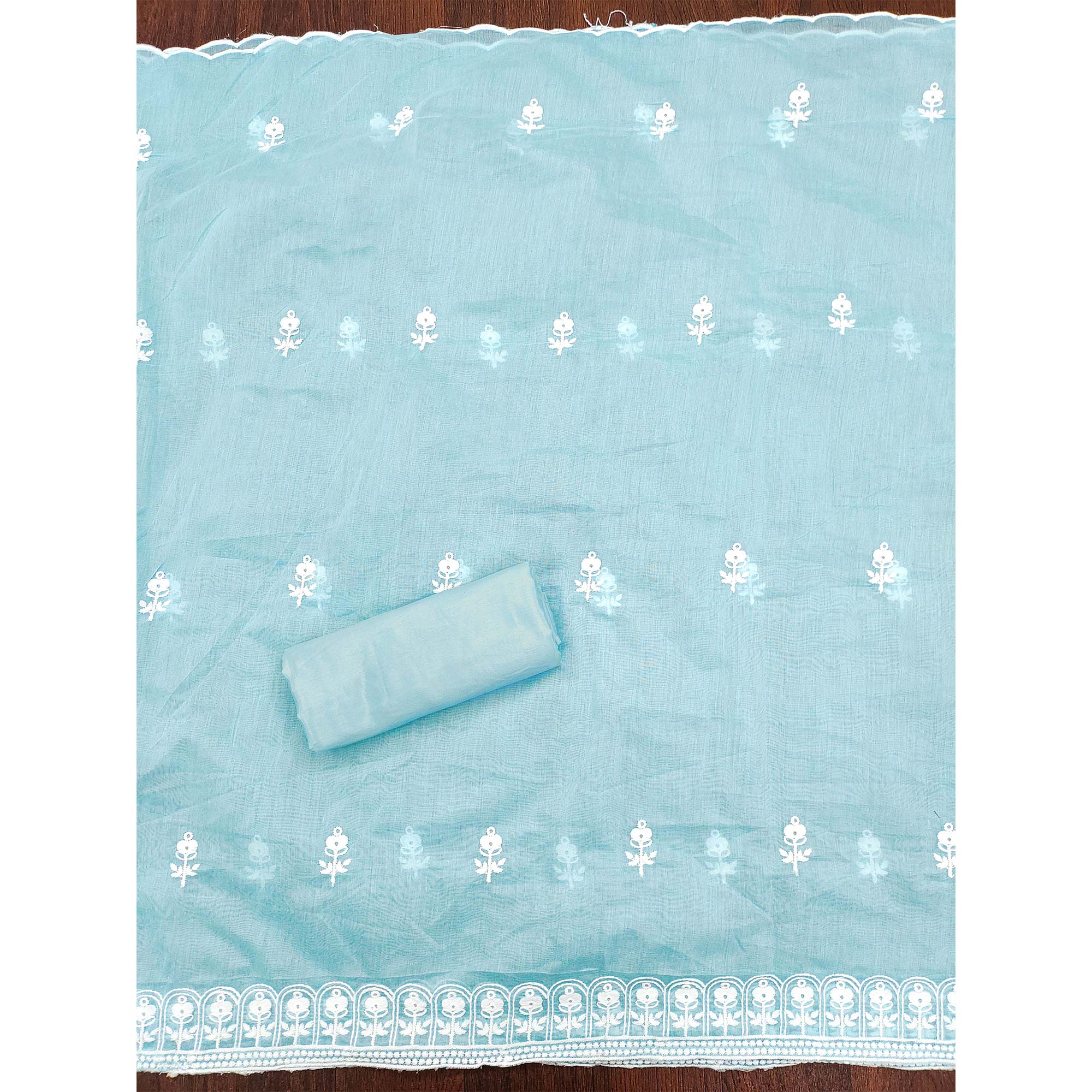 Sky Blue Floral Embroidered Chanderi Cotton Dress Material
