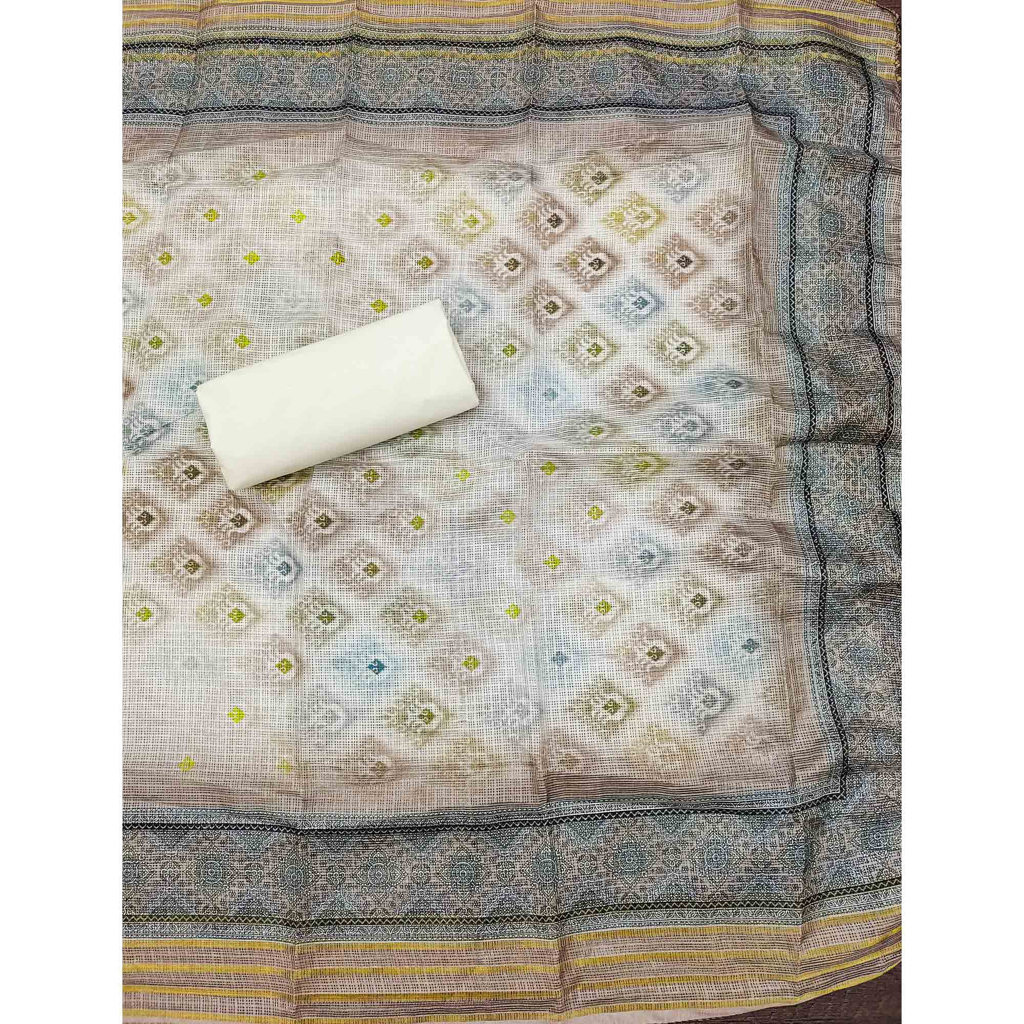 White & Matte Beige Dress Material In Cotton Blend With Delicate Digital Print & Sifli Embroidery Work