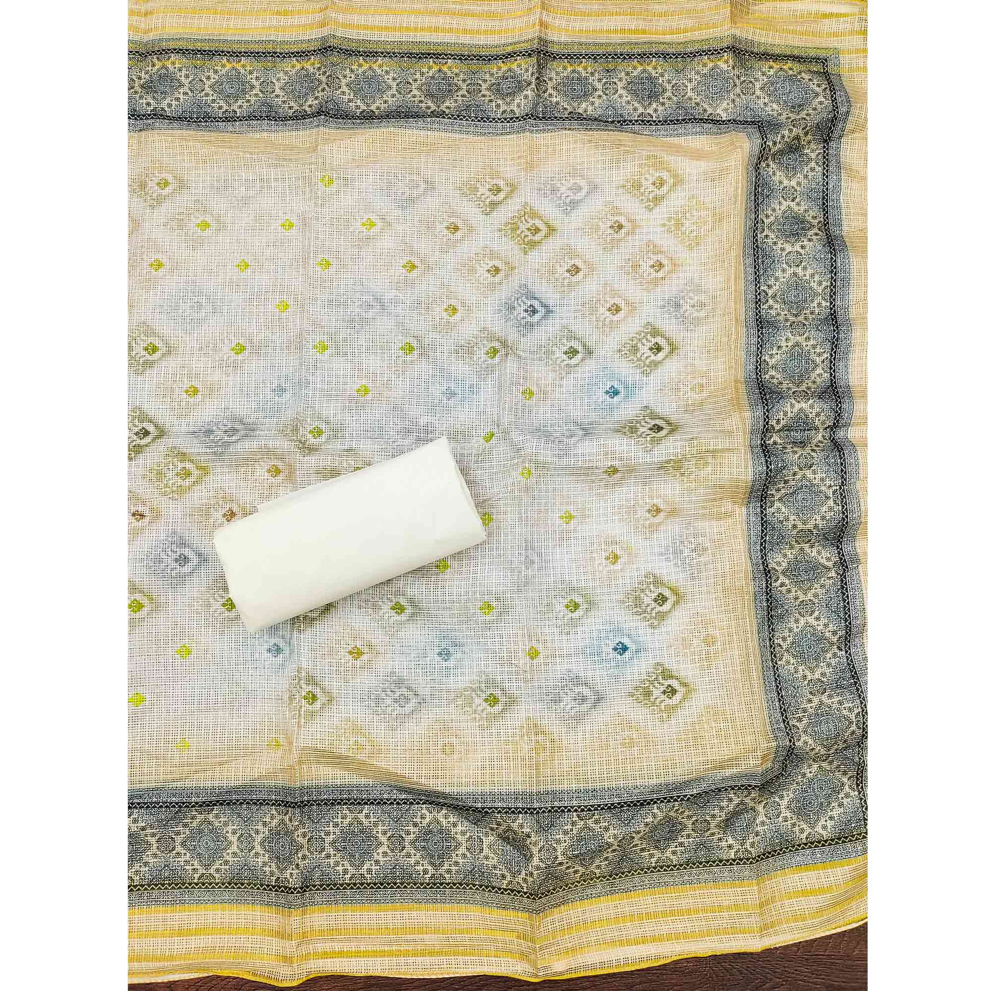 White & Cream Dress Material In Cotton Blend With Delicate Digital Print & Sifli Embroidery Work