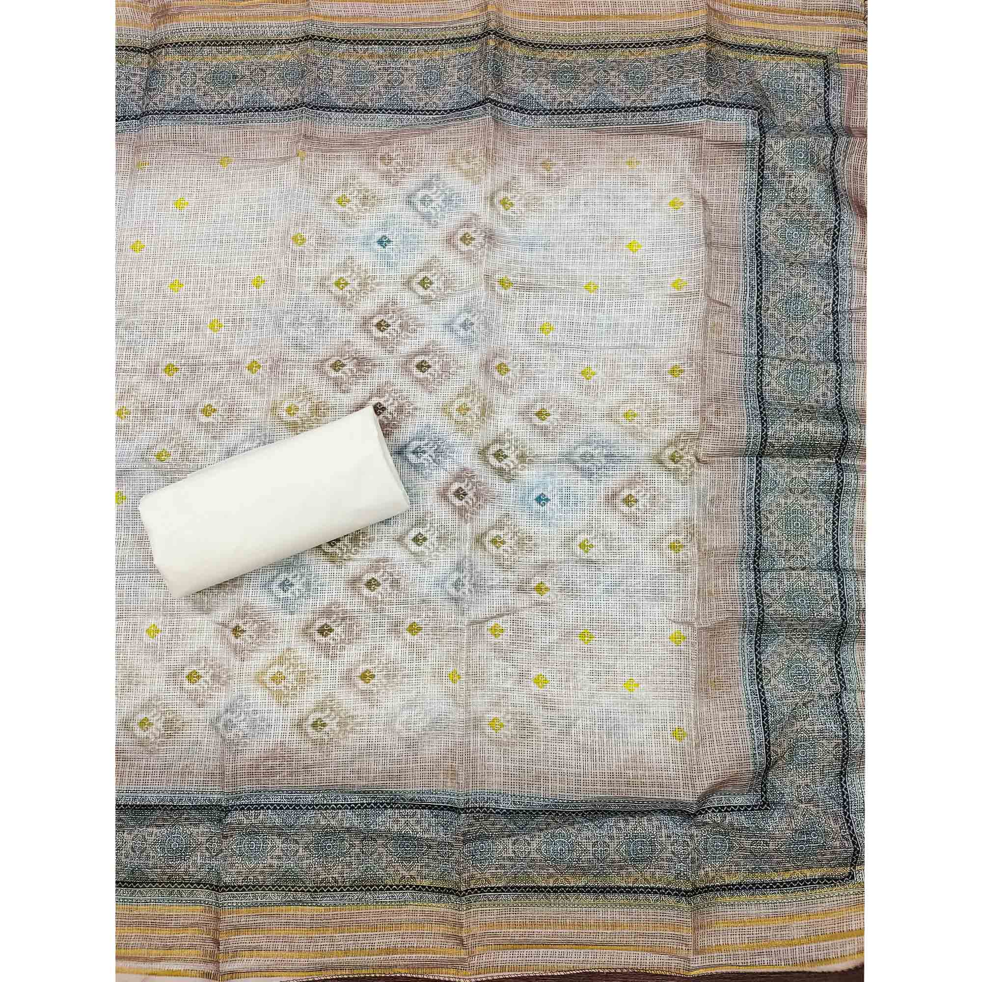 White & Pale Dusty Peach Dress Material In Cotton Blend With Delicate Digital Print & Sifli Embroidery Work