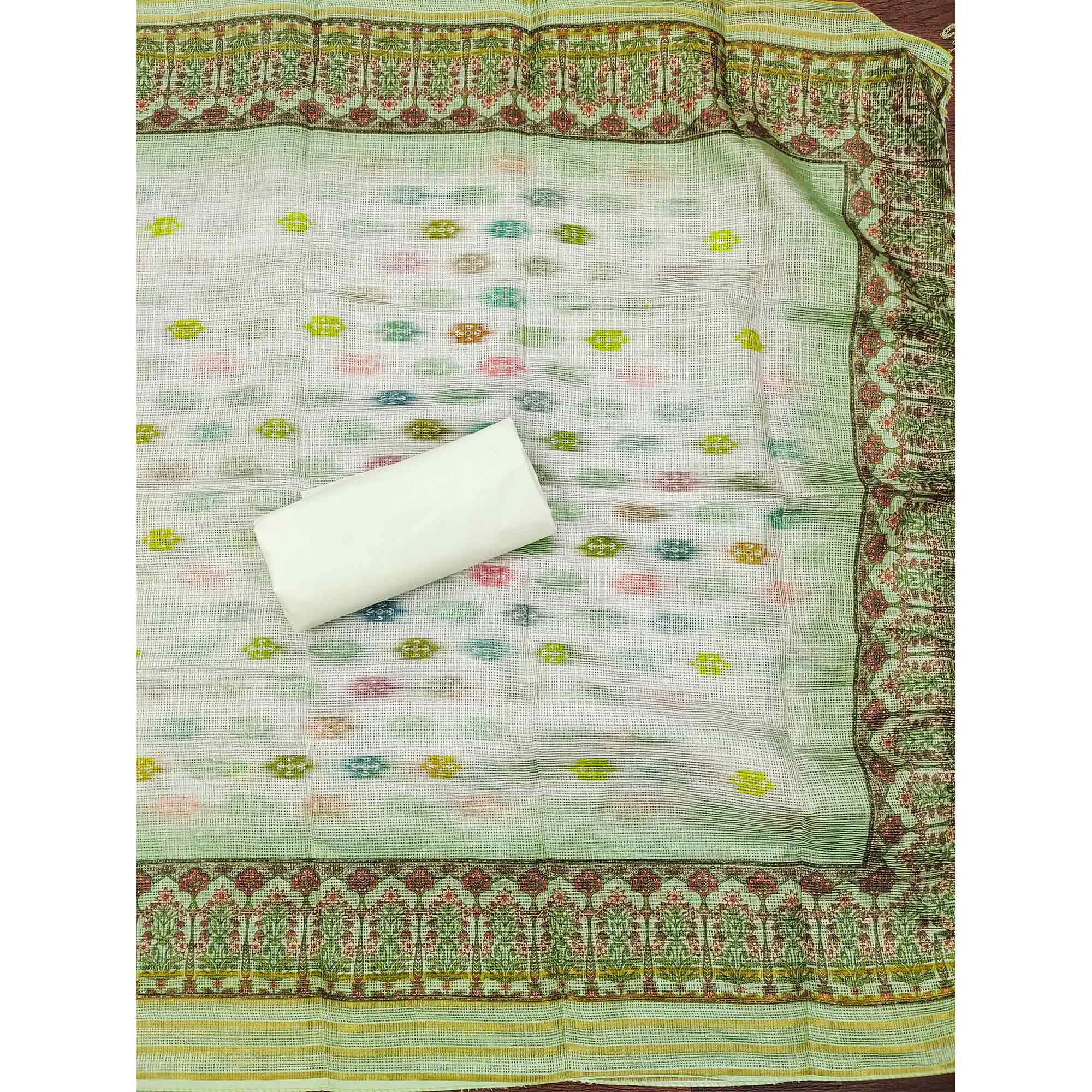 White & Green Schiffli Embroidered Cotton Blend Dress Material With Digital Print