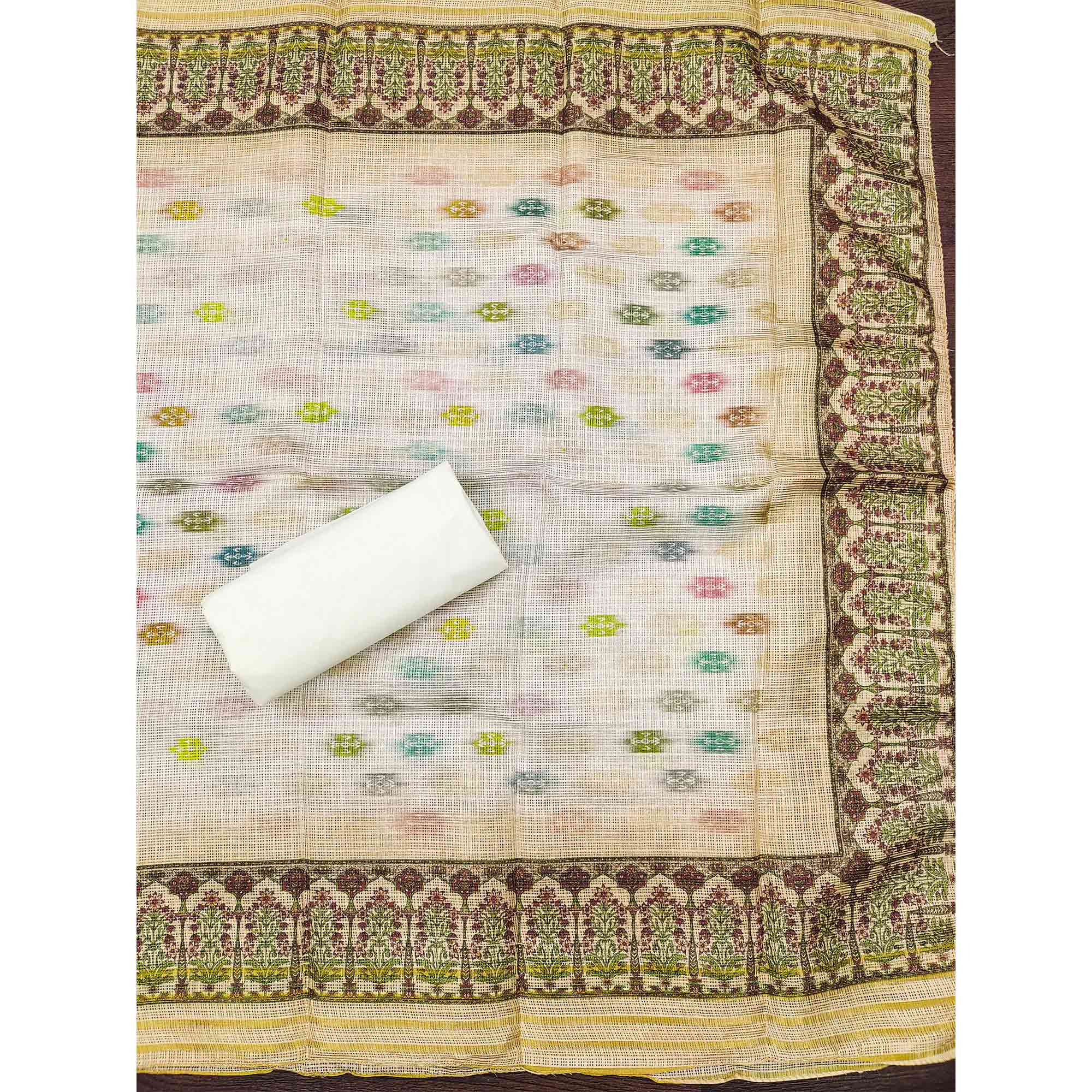 White & Pale Yellow Schiffli Embroidered Cotton Blend Dress Material With Digital Print