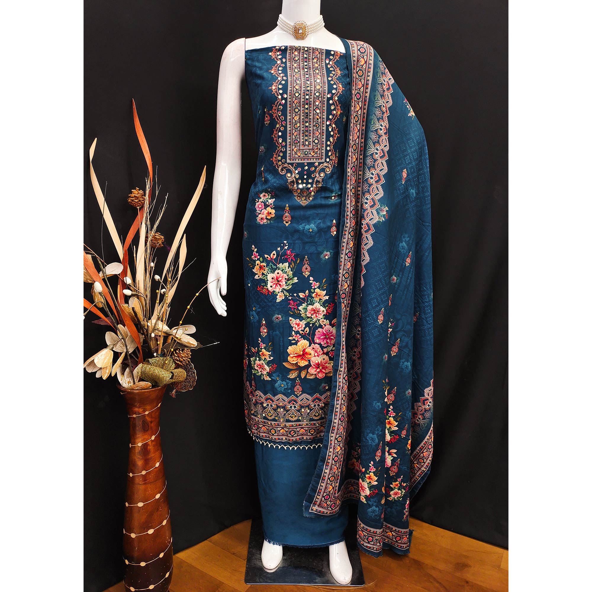 Teal Muslin Suit Fabric Featuring Floral Print & Stone Highlights