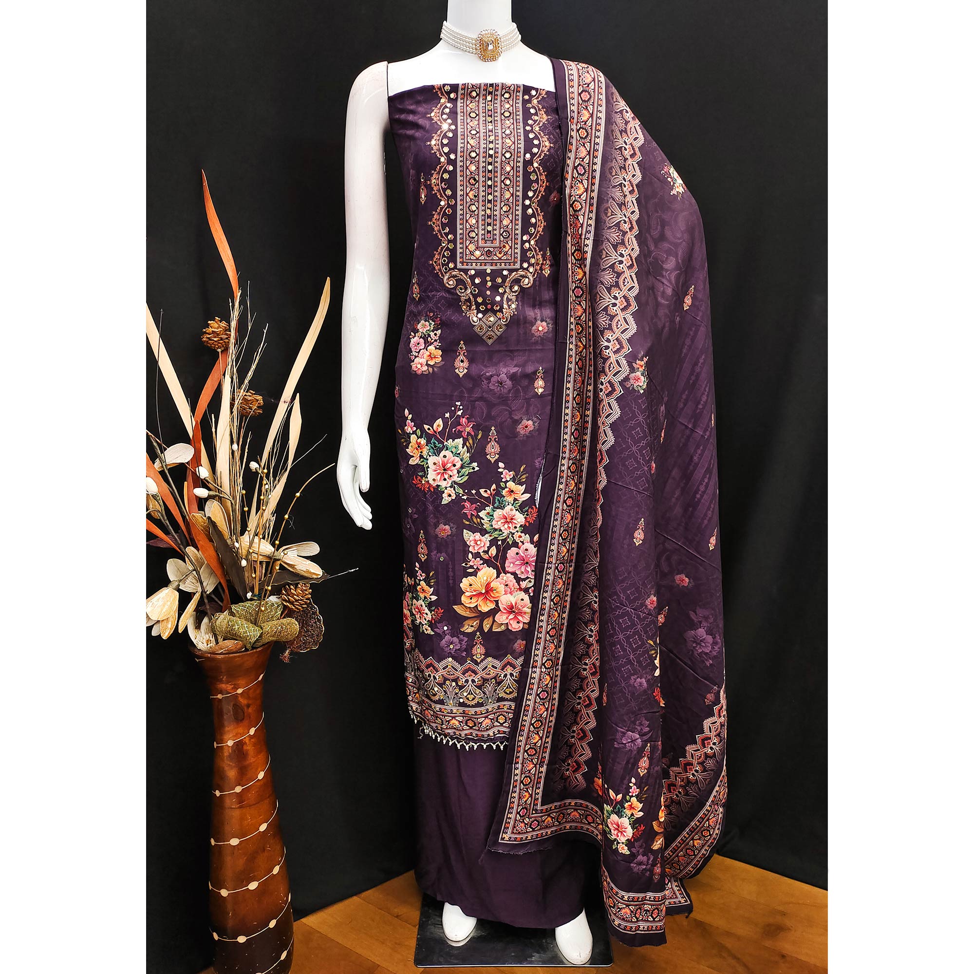 Wine Muslin Suit Fabric Featuring Floral Print & Stone Highlights